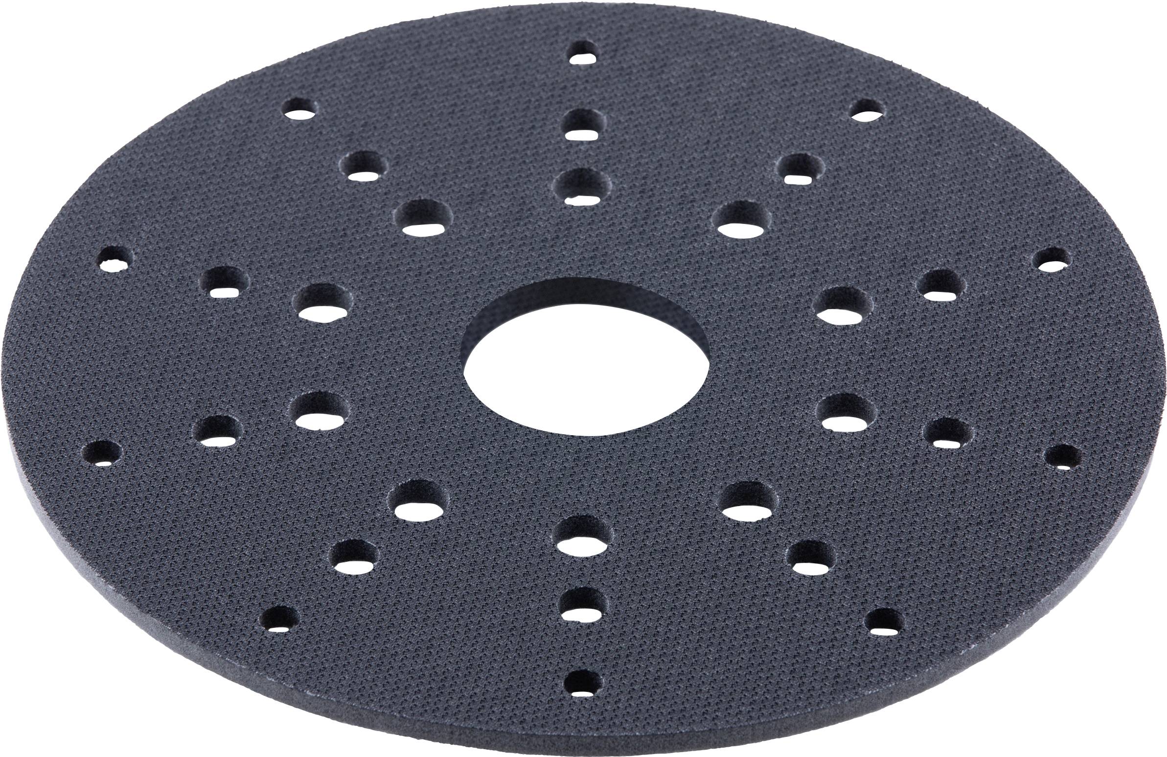 Disque de ponçage noir rond avec un trou central et des perforations régulièrement espacées pour l'extraction de la poussière.