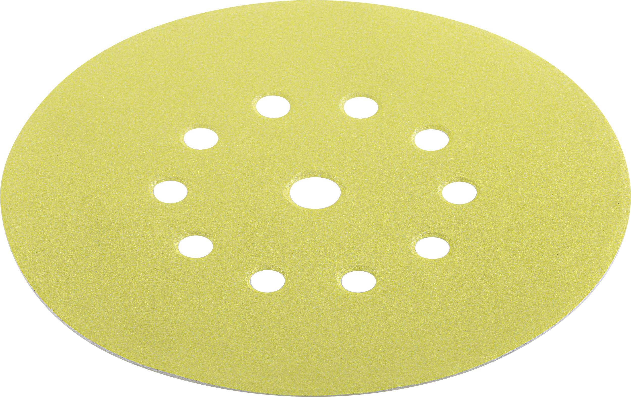 Disque de ponçage ovale jaune avec un trou central et huit petites perforations disposées autour de celui-ci.