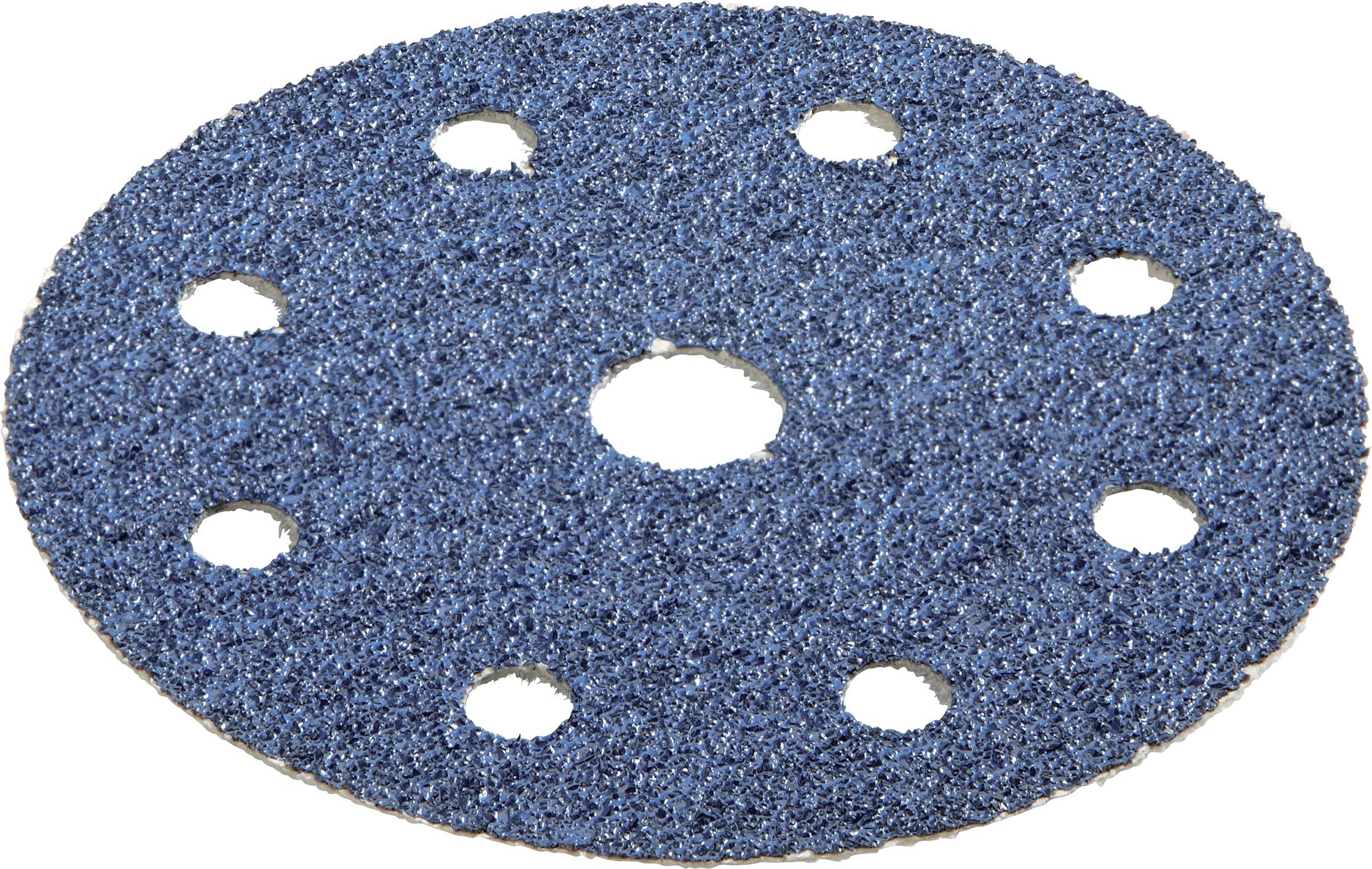Disque abrasif de ponçage circulaire bleu avec plusieurs trous découpés et un trou central sur fond blanc