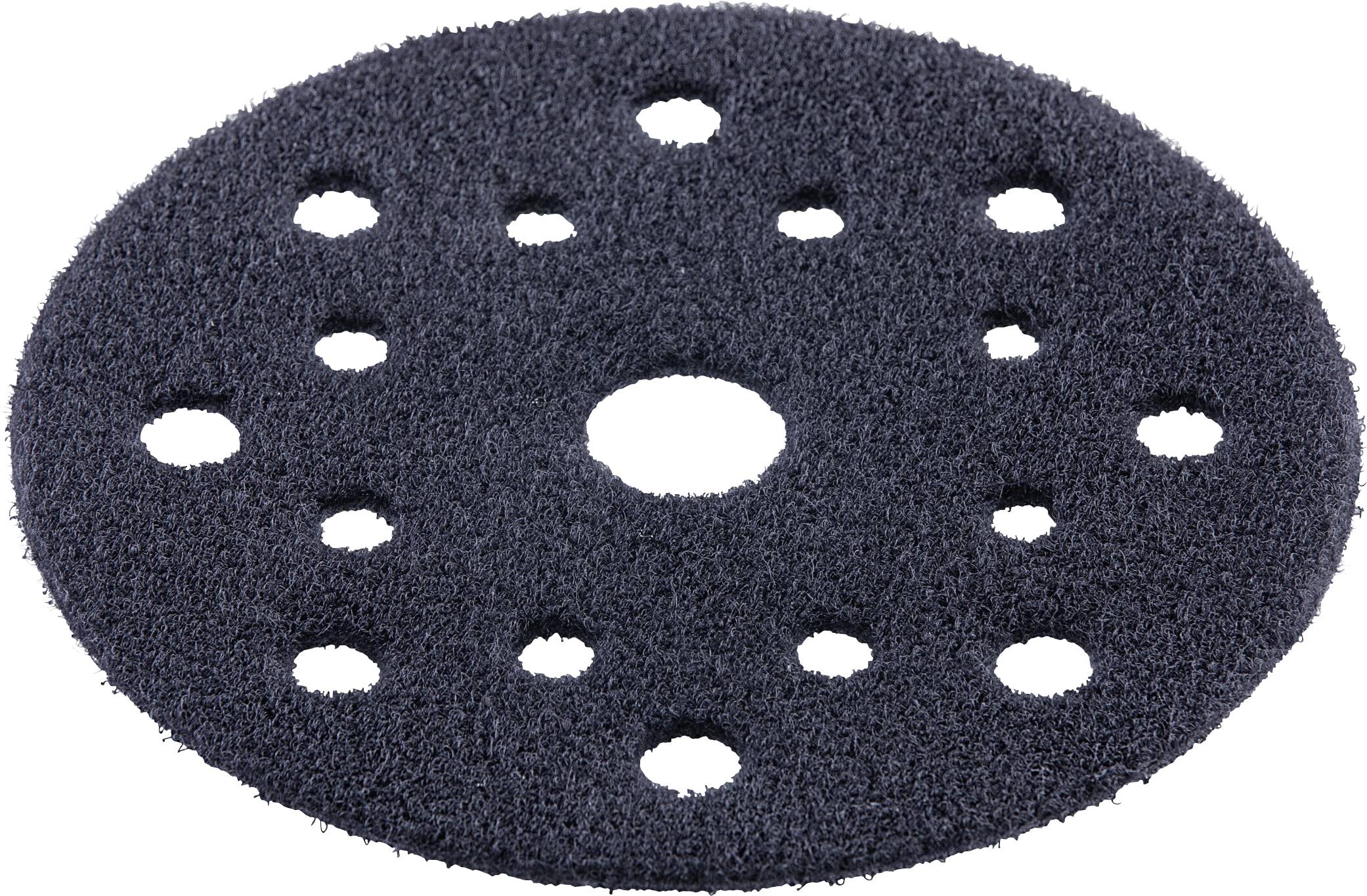Disque de ponçage abrasif noir circulaire avec un trou central et plusieurs petits trous d'extraction de poussière autour de celui-ci.