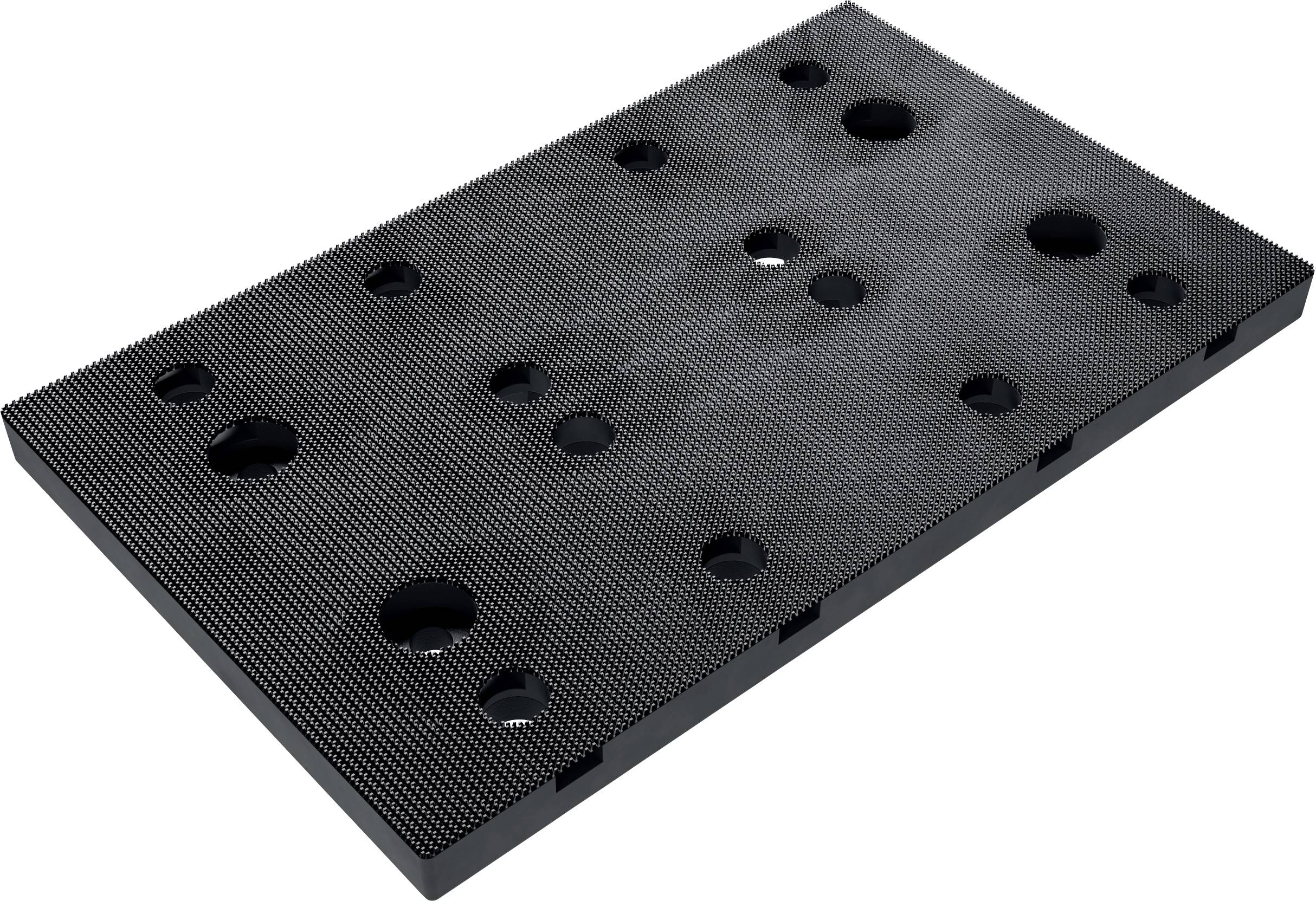Panneau rectangulaire noir perforé avec plusieurs trous ronds, présenté en perspective sur un fond blanc.