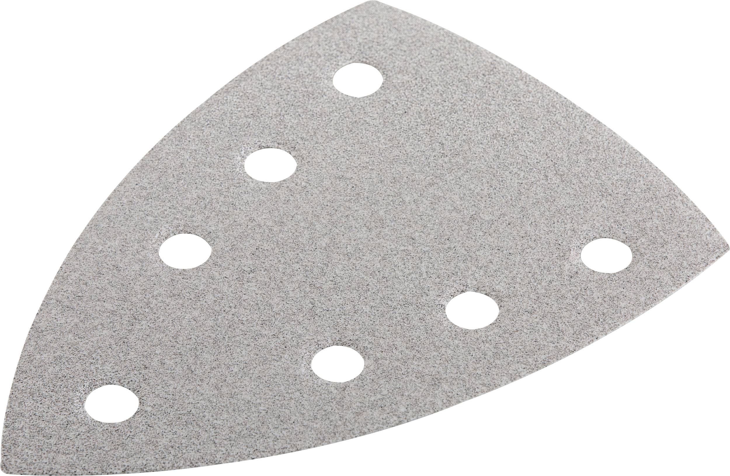 Tampon de ponçage abrasif gris triangulaire avec six trous ronds pour l'extraction de la poussière.