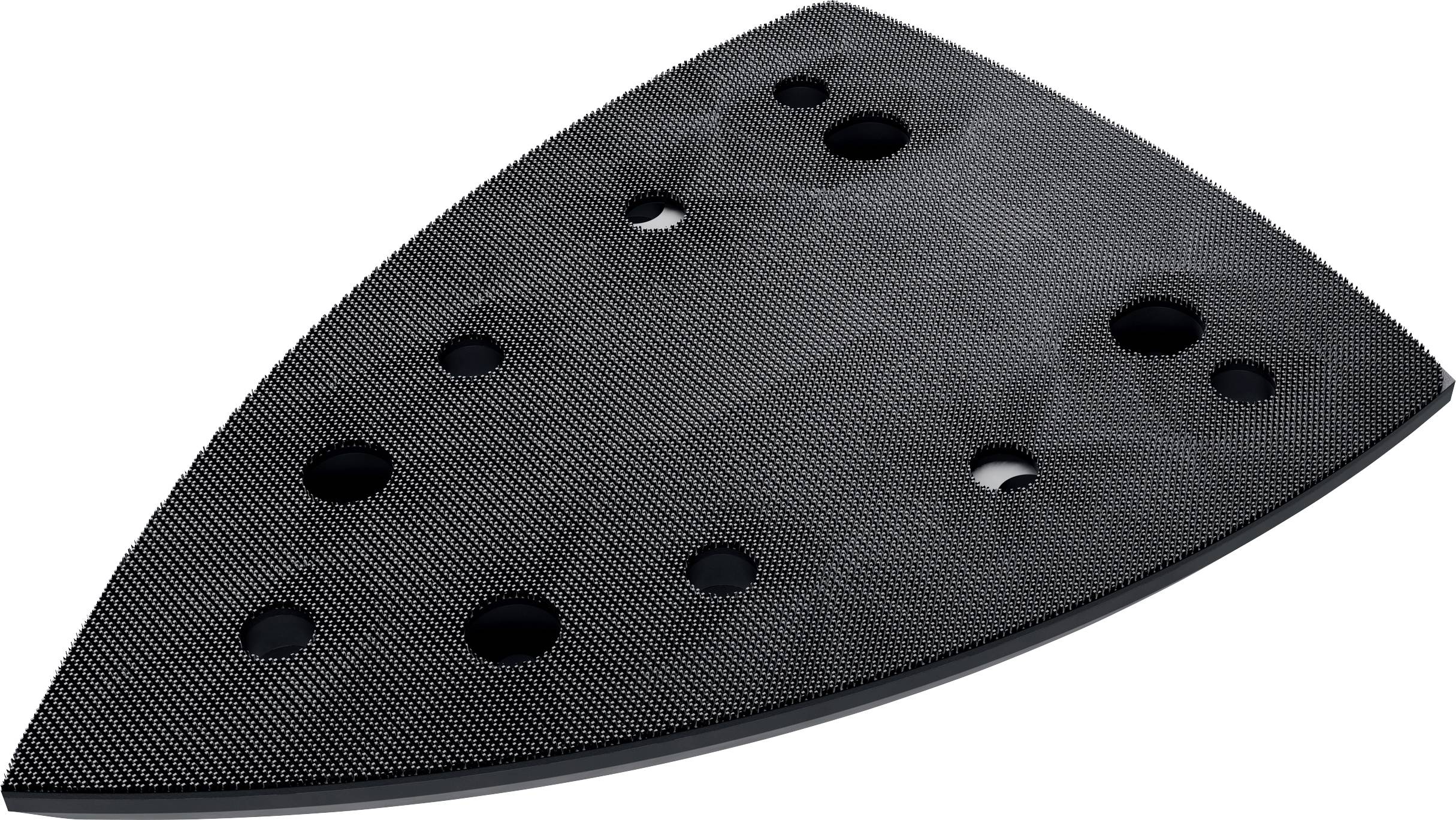 Coussin texturé triangulaire noir avec plusieurs trous circulaires, vue sur fond blanc.