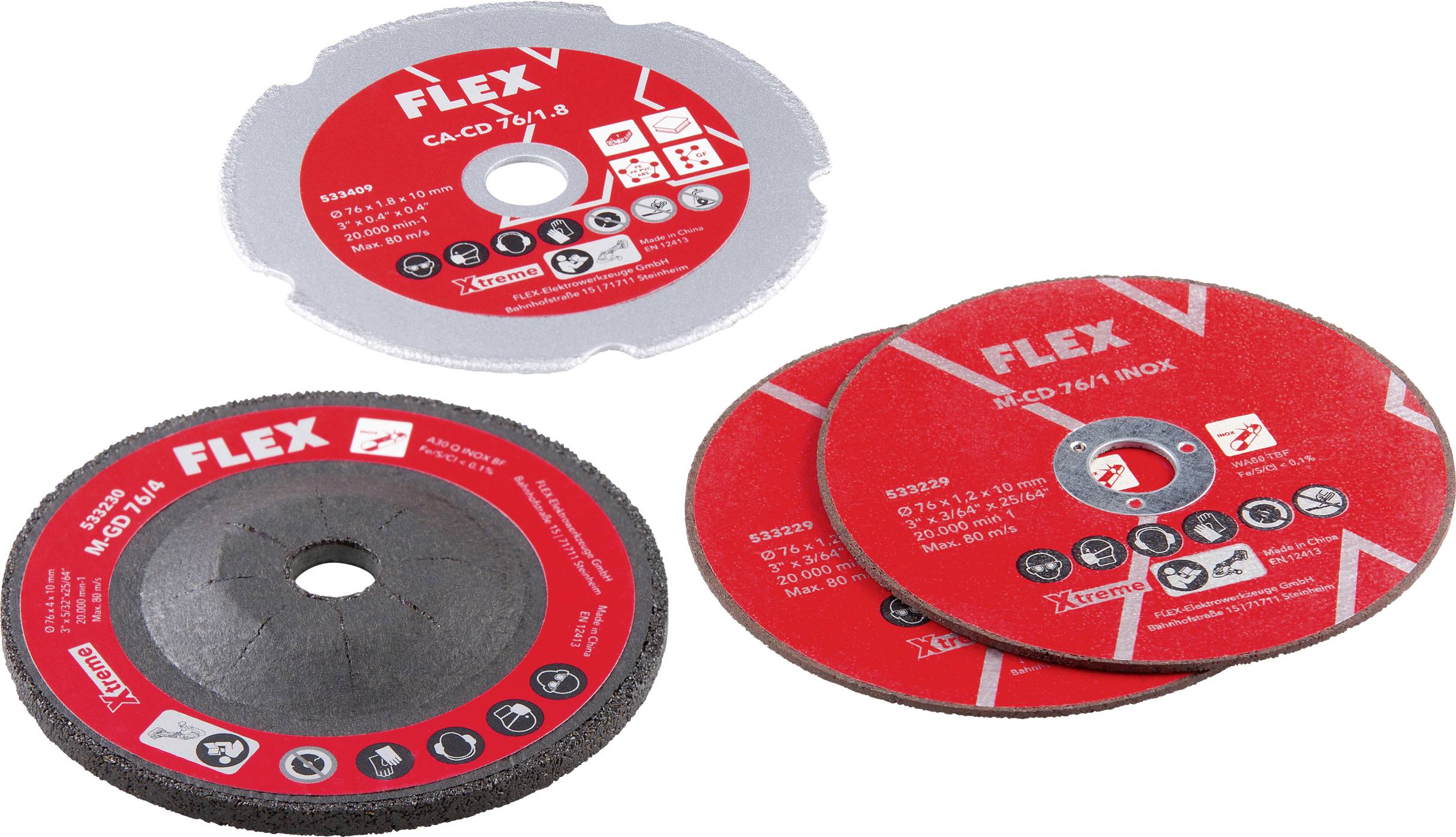 Trois lames/disques de scie circulaire FLEX sur un fond blanc : une lame argentée, un disque abrasif noir et une lame rouge.