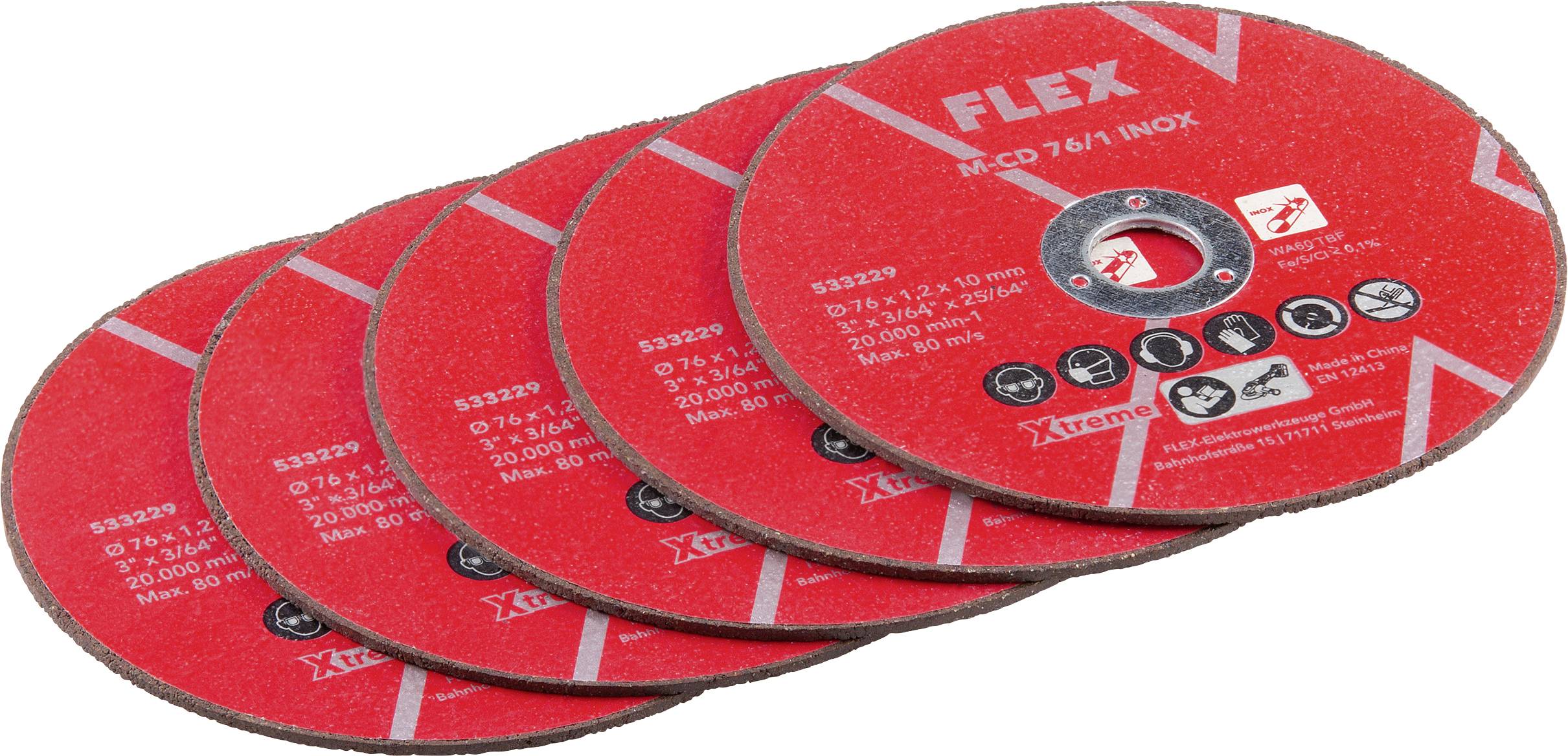 Pile de disques circulaires de tronçonnage de marque FLEXVITX rouges disposés en éventail sur un fond blanc.