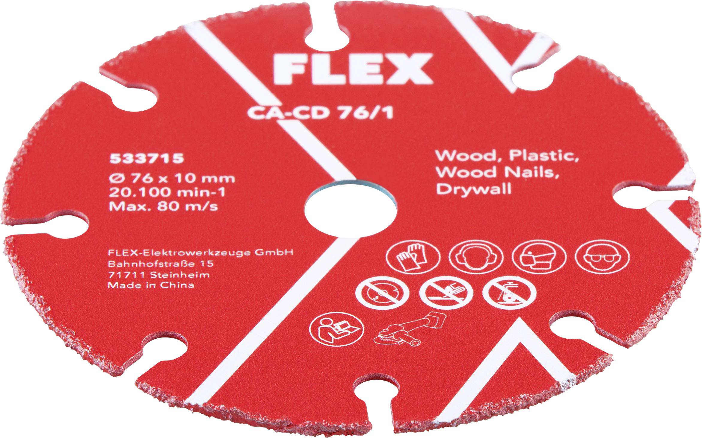 Lame de coupe circulaire FLEX rouge étiqueté 'CA-CD 76/1' pour le bois, le plastique, les clous de bois et les cloisons sèches, avec des spécifications de taille et de vitesse.