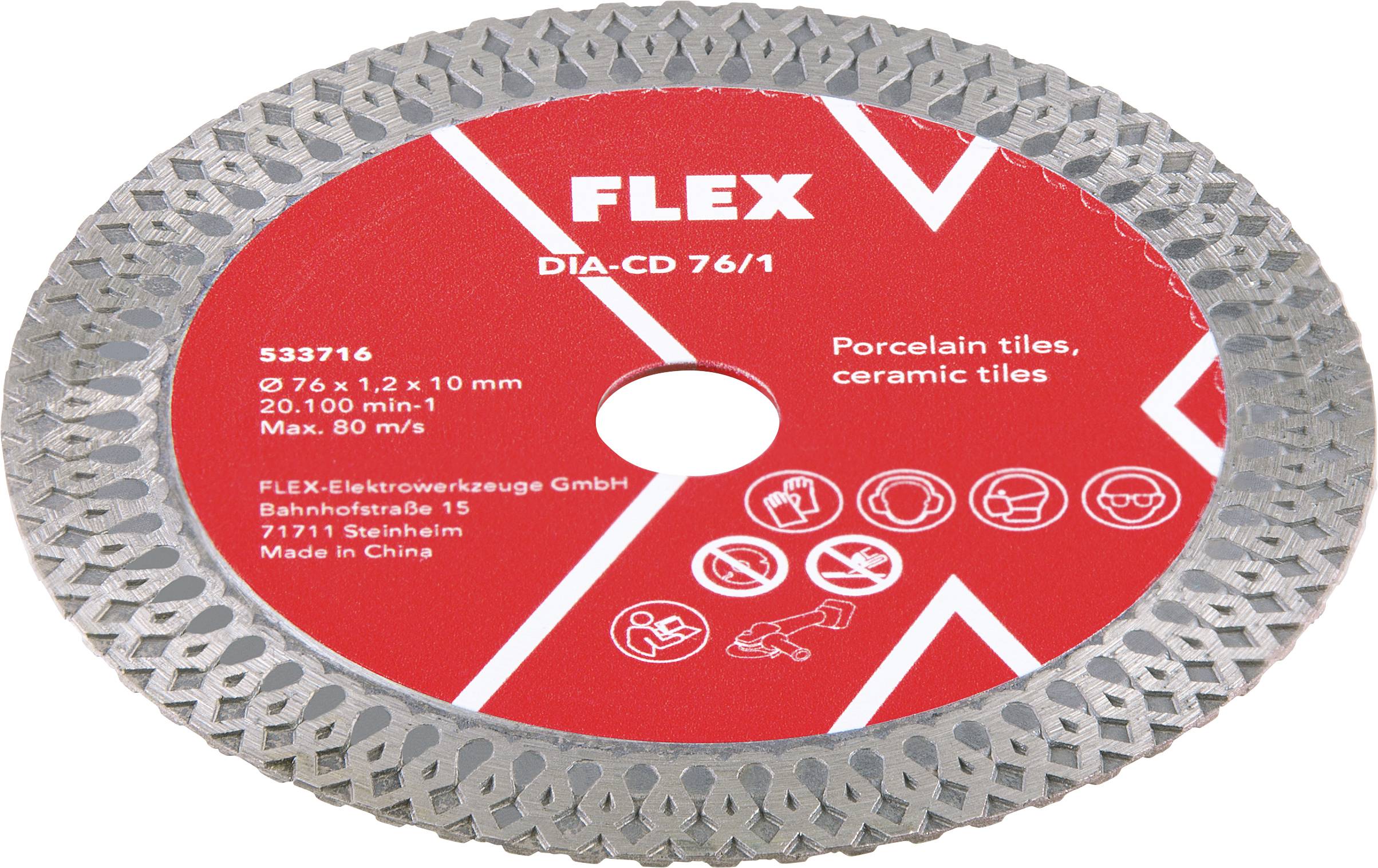 Lame de coupe diamantée FLEX rouge pour carrelage en porcelaine et céramique, référencée DIA-CD 76/1, 76 mm, avec des icônes d'utilisation sur l'étiquette centrale.