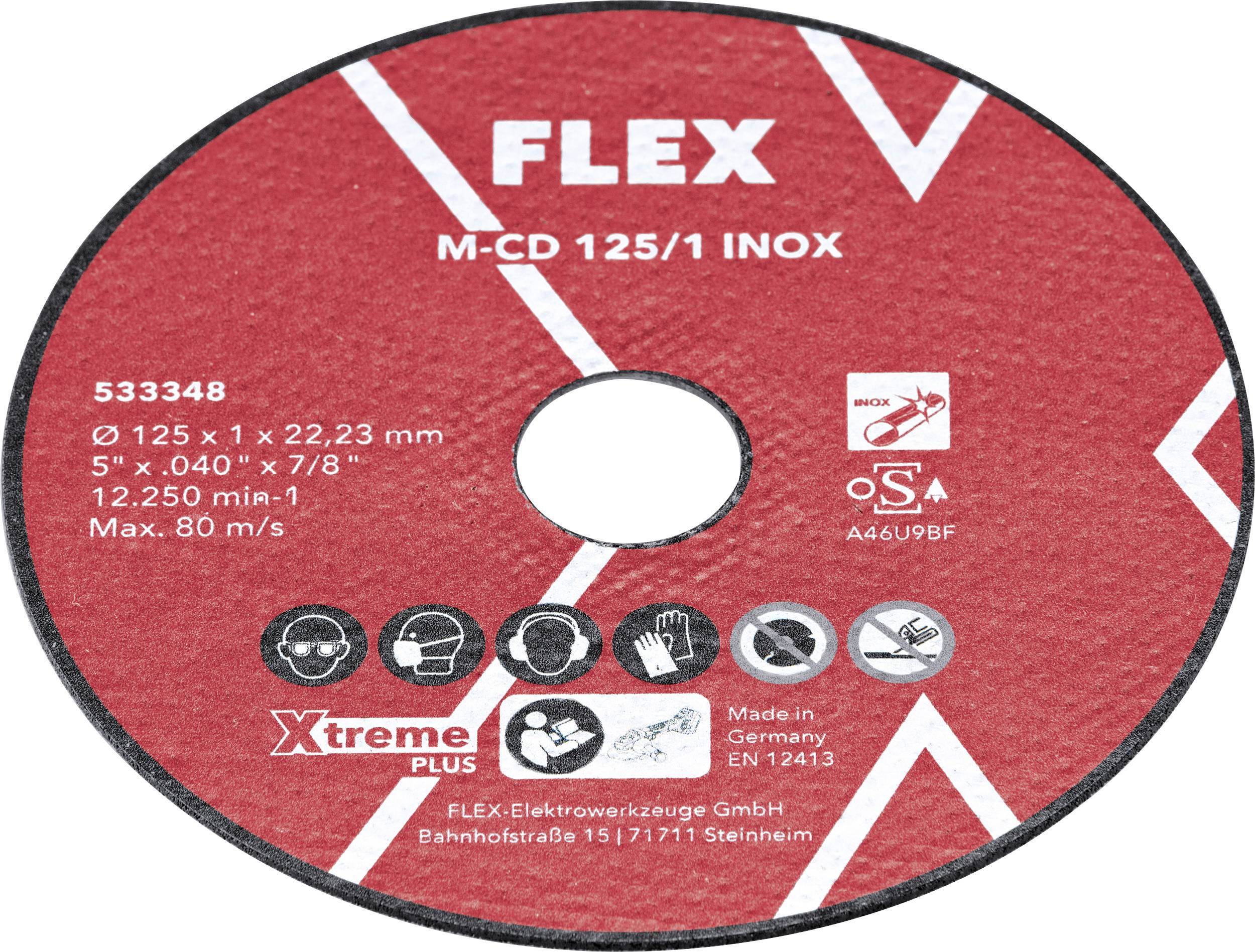Étiquette de meule abrasive de coupe FLEX rouge, marquée « M-CD 125/1 INOX », 125 x 1 x 22,23 mm, vitesse max 80 m/s, avec pictogrammes de sécurité et coordonnées du fabricant.