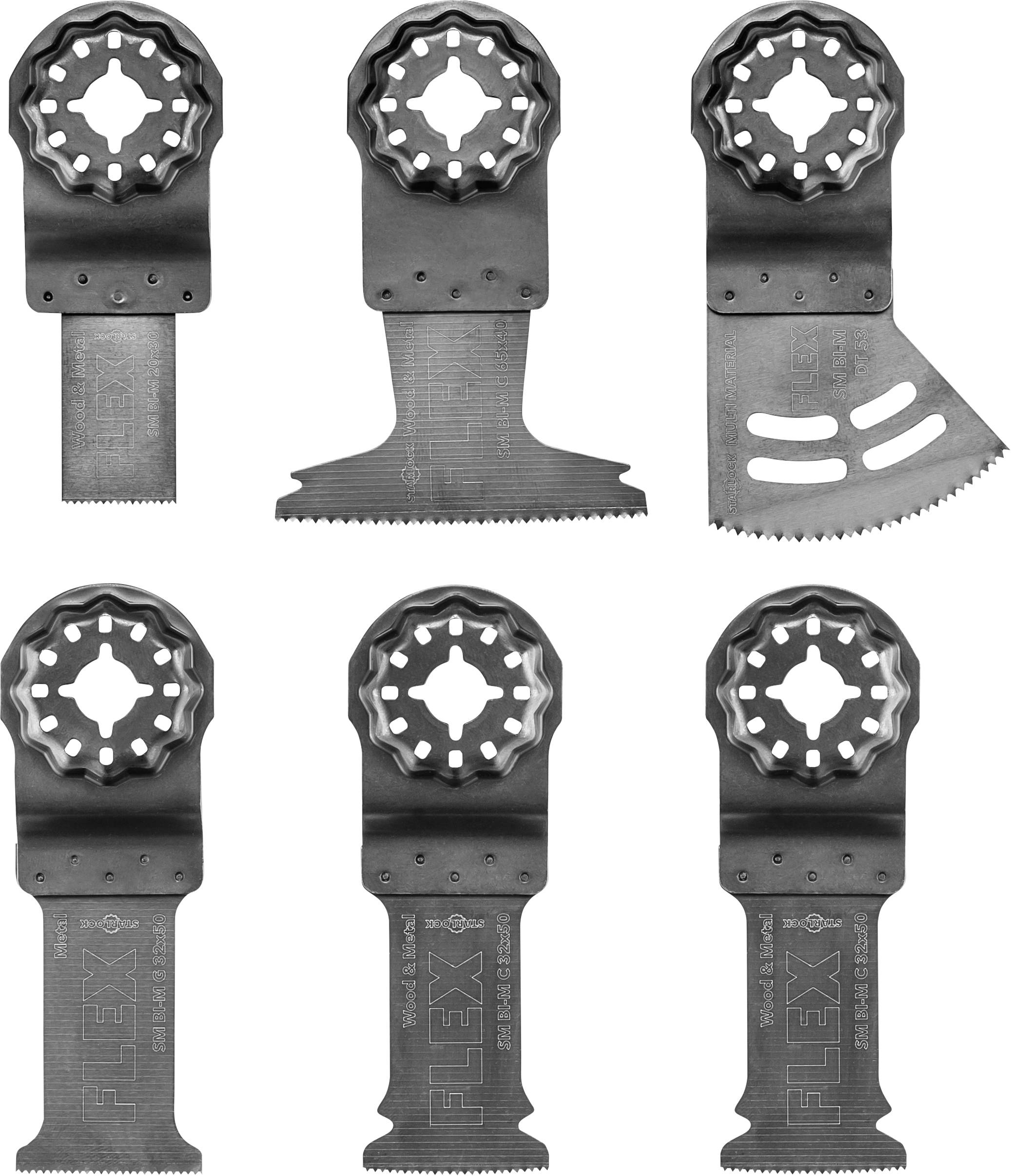 Collage de six lames de multi-outil oscillantes, montrant différents tranchants et formes pour les coupes dans le bois, le métal et les coupes de plongée.