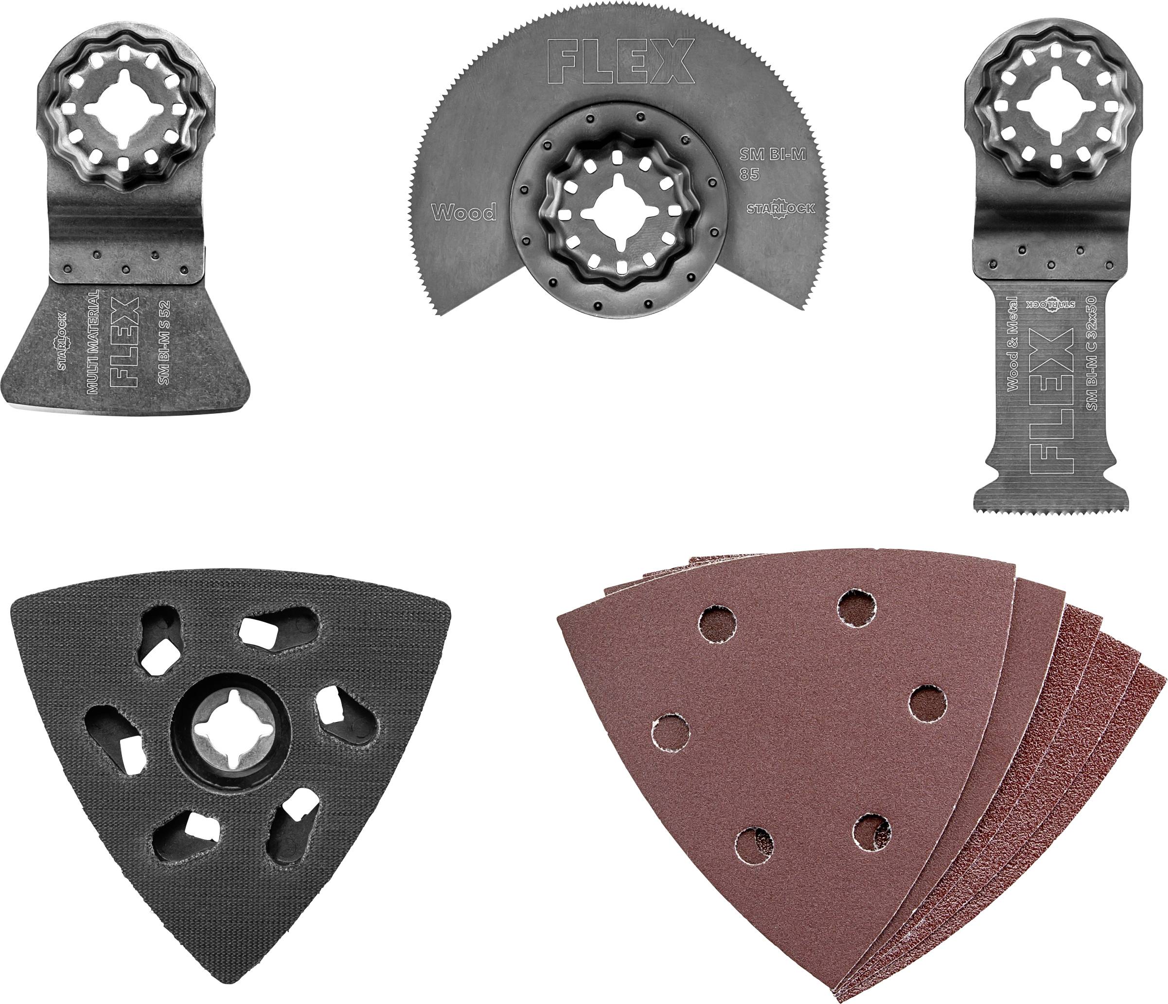 Collage d'accessoires multioutils oscillants : deux lames à gratter, une lame de scie semi-circulaire, un tampon de ponçage triangulaire et des feuilles de ponçage rouges.