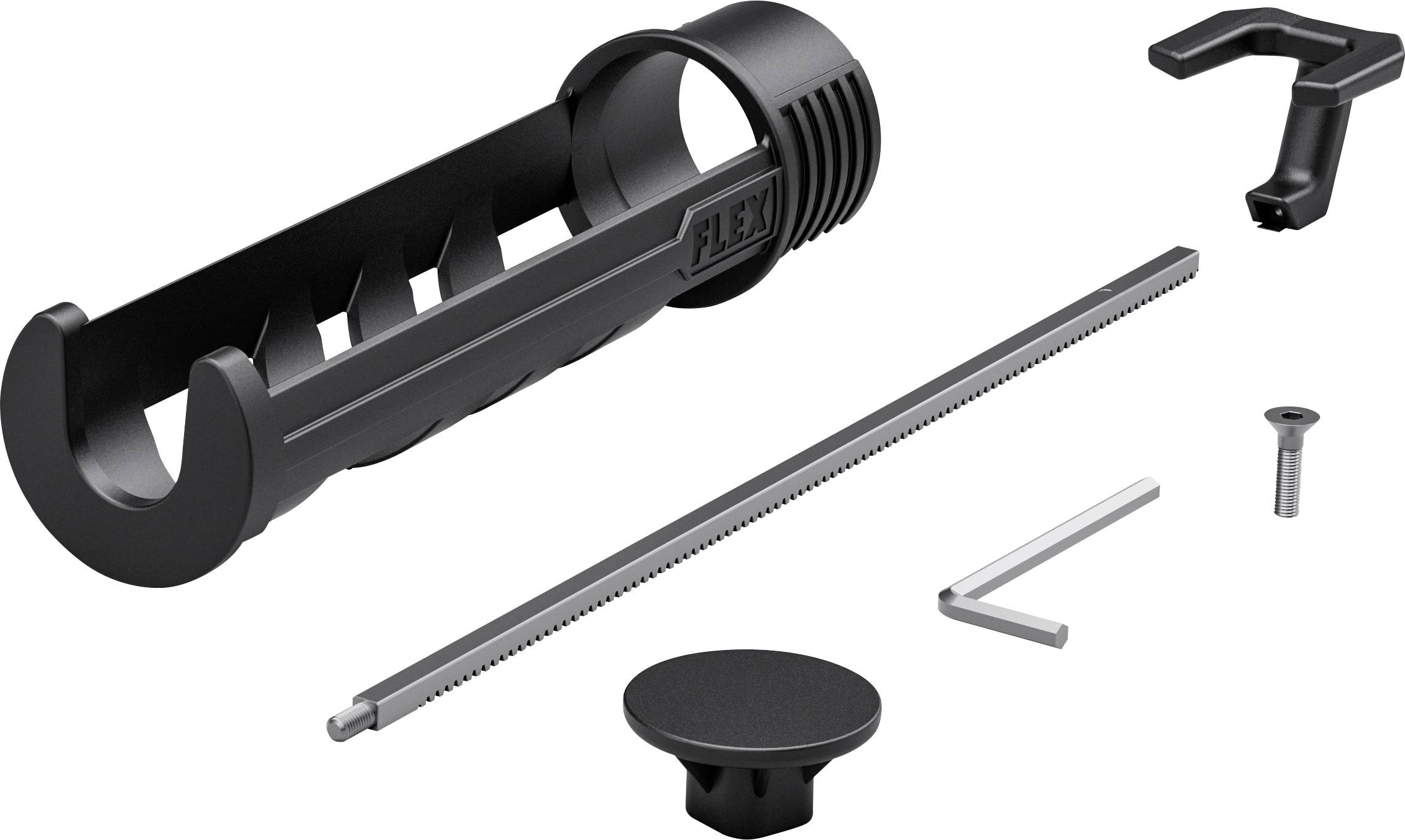 Image de produit d'une trousse d'outils en plastique noir montrant un accessoire cylindrique principal, une tige dentelée longue, une poignée, une clé hexagonale, une vis et un capuchon rond sur un fond blanc.