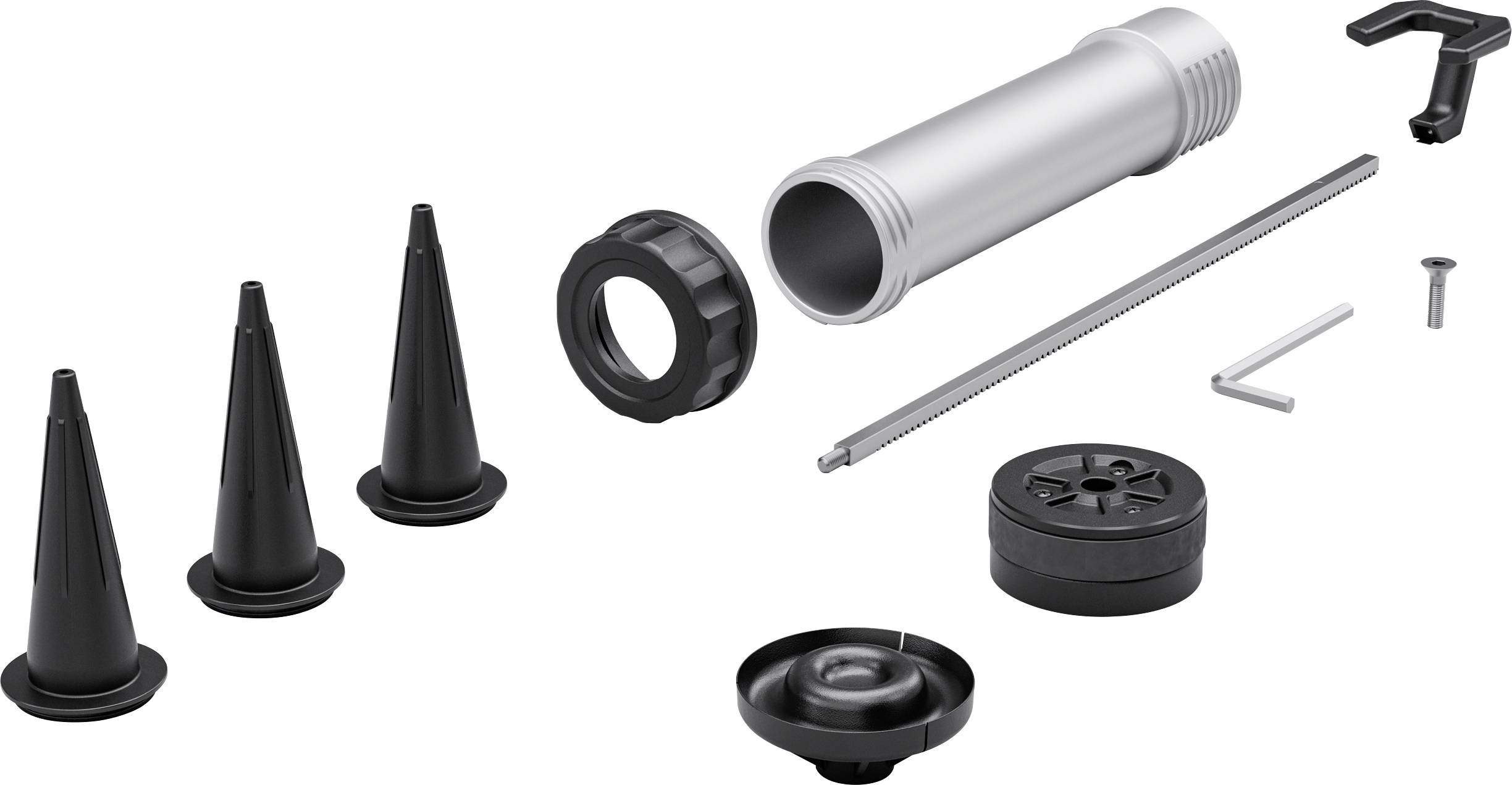 Assortiment de pièces d'appareils électroménagers noires et argentées, comprenant des cônes, des capuchons, une tige, une vis et une poignée, disposés sur un fond blanc.