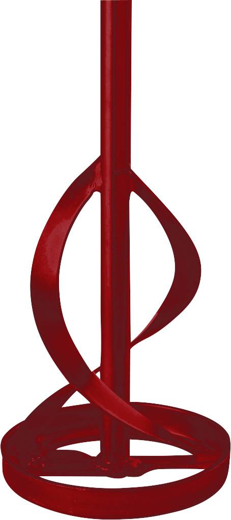 Sculpture abstraite rouge 3D avec une colonne centrale verticale et deux formes de ruban en boucle sur une base circulaire.