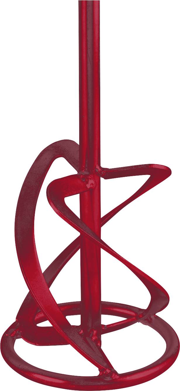Sculpture en métal rouge abstraite avec un poteau central vertical et des rubans spiralés en boucle formant une base ouverte et géométrique.