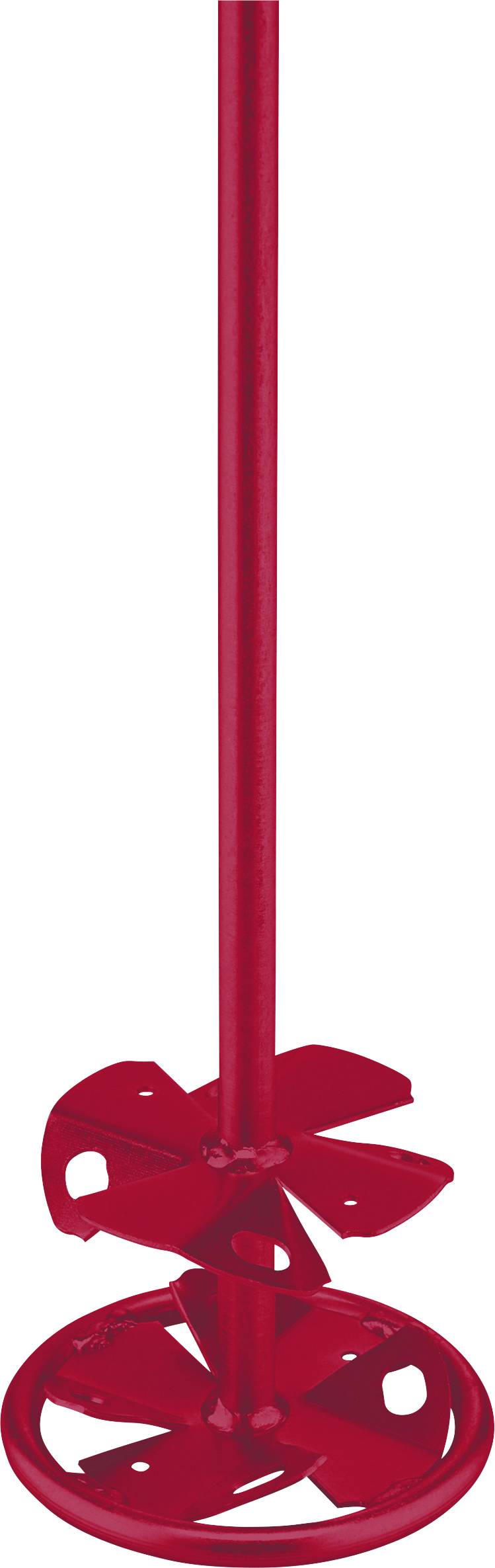 Palette de mélange en métal rouge avec un long manche et quatre pales courbes.