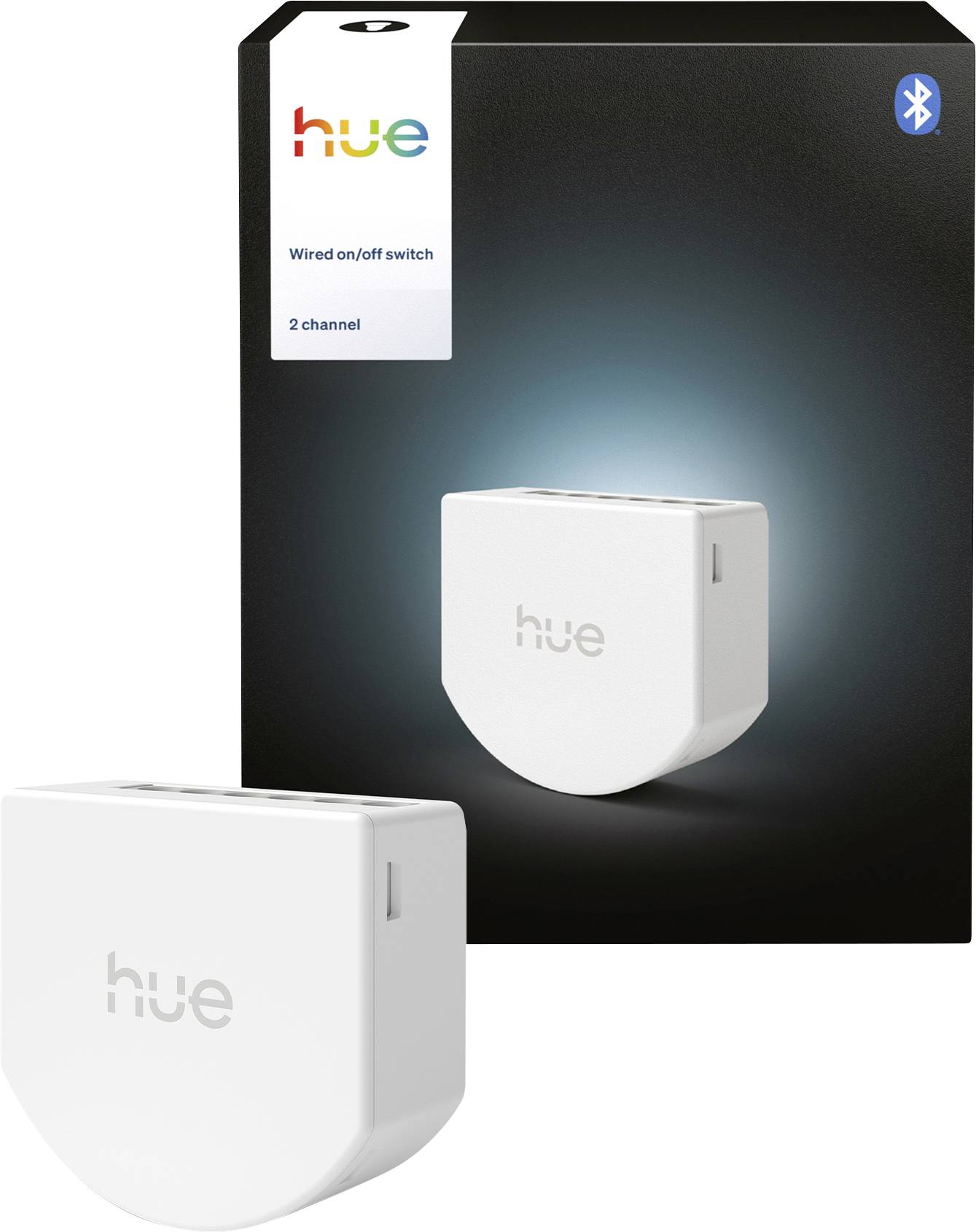 Emballage de produit pour un interrupteur marche/arrêt filaire Philips Hue, 2 canaux, montré avec le module d'interrupteur blanc et le logo Bluetooth.