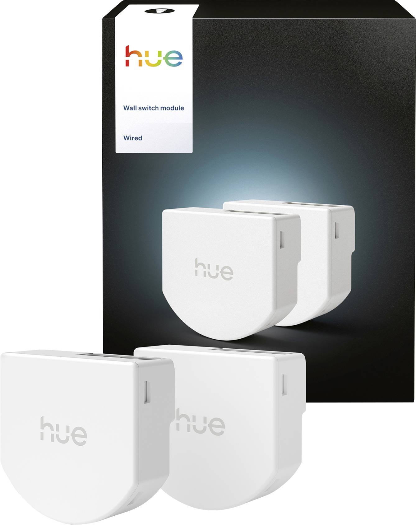 Module de commutation murale filaire Philips Hue en boîte présenté avec trois unités de commutateur intelligent blanc devant