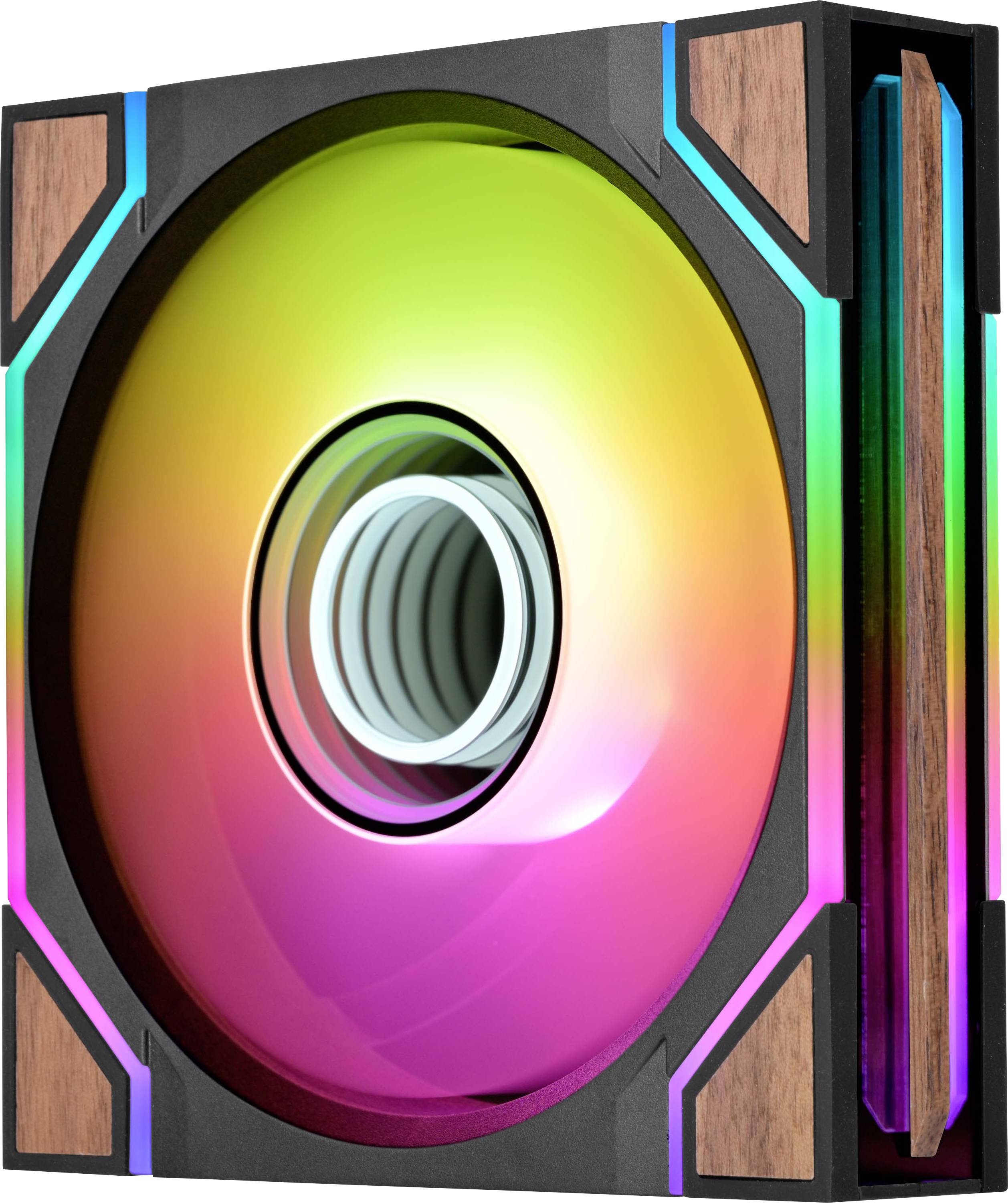 Un ventilateur de refroidissement informatique RGB coloré avec un centre circulaire brillant, présenté dans un cadre noir carré avec des accents de texture bois aux coins.