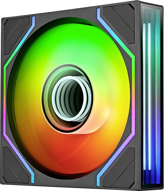 Ventilateur de refroidissement informatique RGB avec un anneau arc-en-ciel luminescent et un moyeu central, monté dans un cadre carré noir avec des bandes lumineuses latérales bleues.