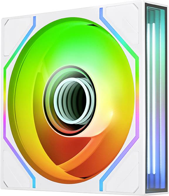 Un objectif de caméra circulaire coloré ou un scanner optique centré dans un appareil blanc, avec un dégradé arc-en-ciel lumineux et une bande de lumière bleue verticale sur la droite.