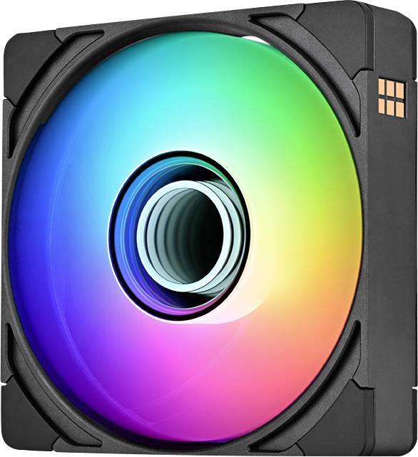 Gros plan d'un ventilateur de refroidissement d'ordinateur avec une pale circulaire éclairée en RGB arc-en-ciel et un moyeu central dans un cadre carré noir.