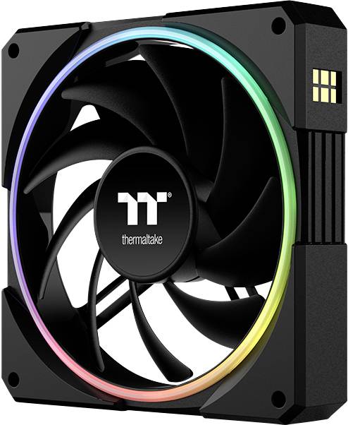 Ventilateur de boîtier informatique Thermaltake noir avec un anneau LED arc-en-ciel autour des pales et logo sur le moyeu central.