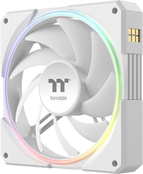 Ventilateur de boîtier RGB Thermaltake blanc avec sept pales et un anneau LED multicolore lumineux autour du cadre