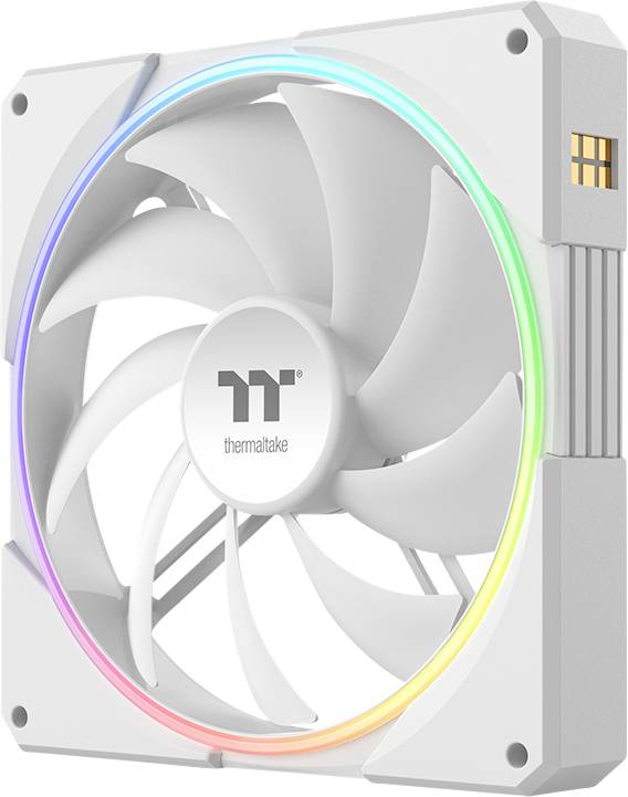 Ventilateur de boîtier informatique Thermaltake blanc avec anneau lumineux RGB arc-en-ciel et logo central sur un cadre carré.