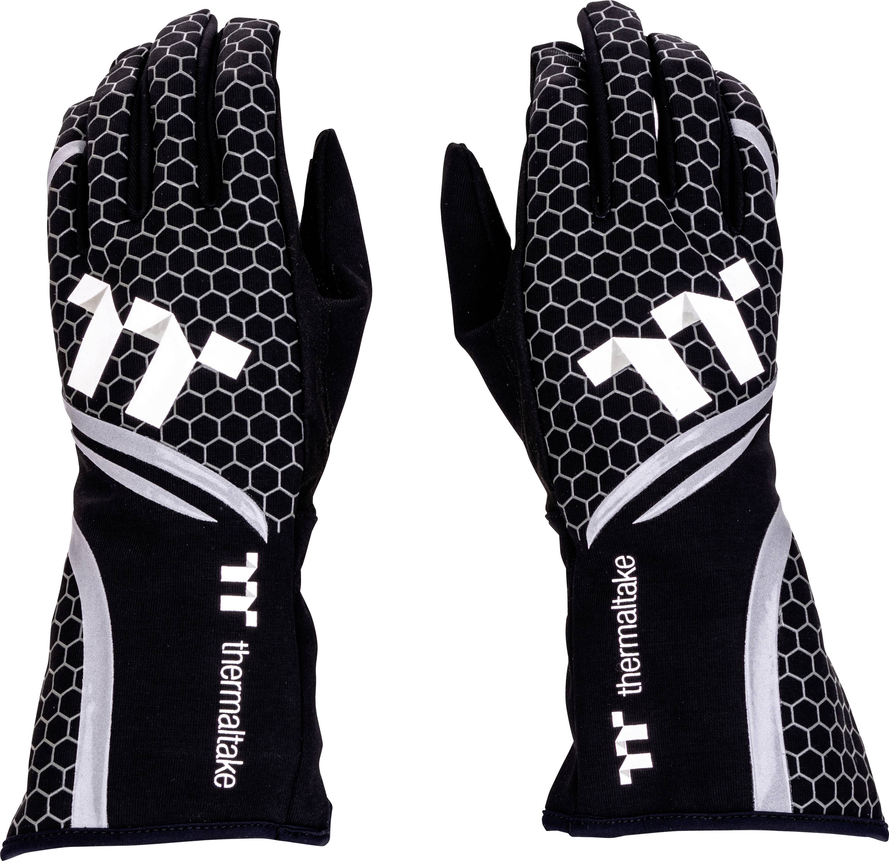 Paire de gants ThermalTake noirs avec motif hexagonale blanc et logo, présentés recto et verso sur un fond blanc.