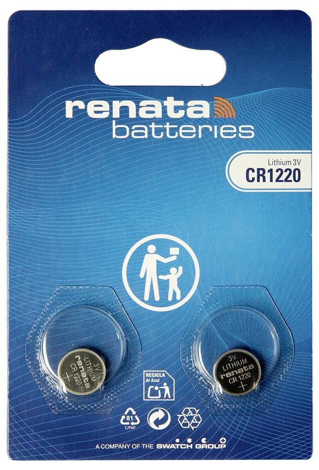 Renata Batteries emballage blister pour deux piles bouton Lithium 3V CR1220, présenté sur un emballage bleu avec le nom de marque et le type de pile clairement étiquetés.