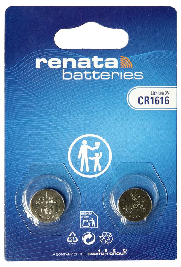 Batteries Renata 3V CR1616, pile bouton lithium, emballage présentant deux piles en blisters transparents sur un fond bleu.