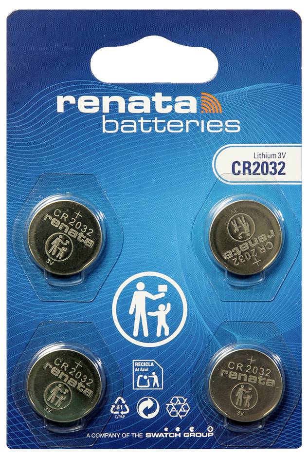 Emballage des piles Renata pour quatre piles bouton au lithium CR2032 3V, présenté sur une carte bleue avec étiquette de produit et symboles de recyclage.