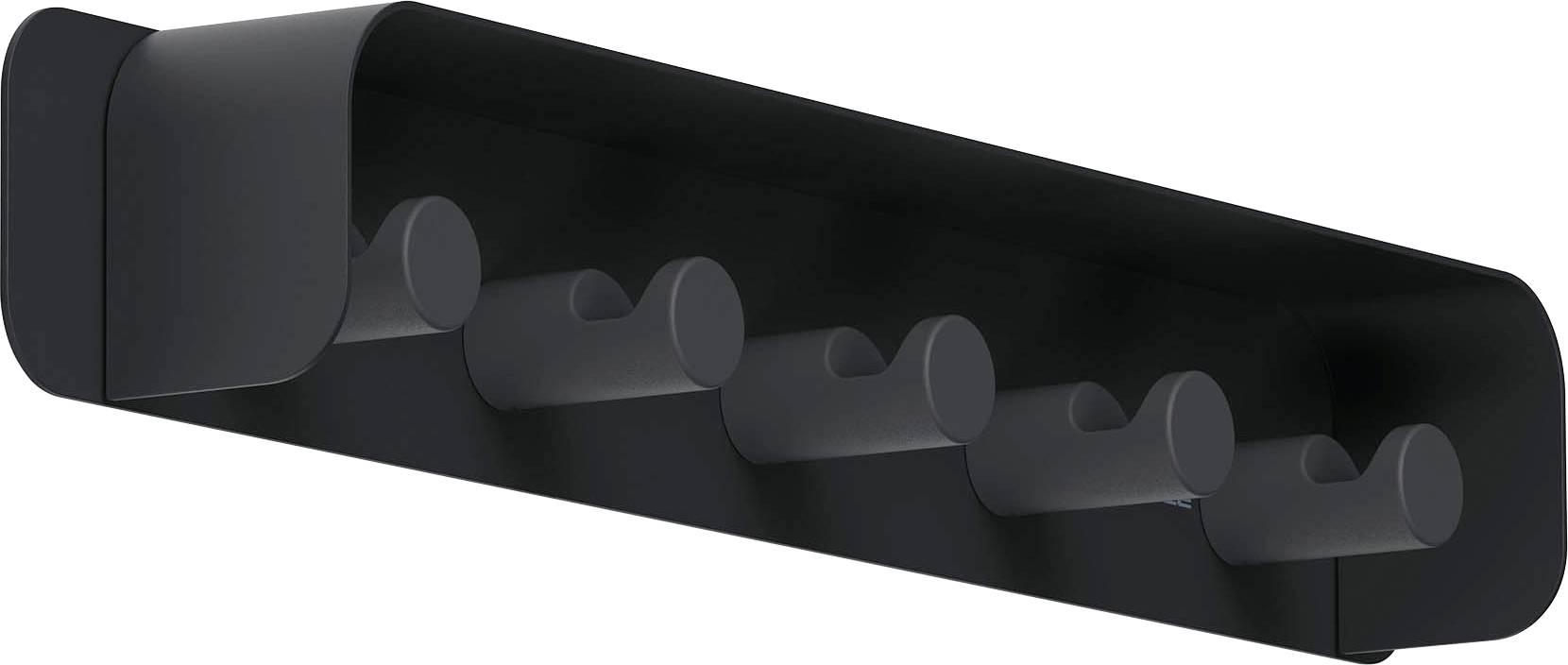 Étagère murale rectangulaire noire avec quatre crochets à chevilles cylindriques à l'intérieur, présentée en vue 3D en angle sur fond blanc.