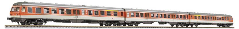 Side view of an orange and gray passenger train car with multiple windows, shown isolated on a white background.