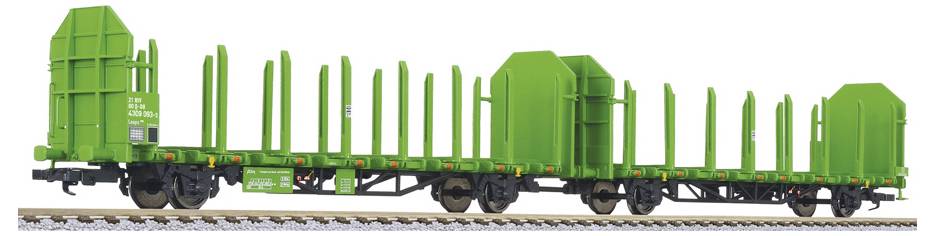 Wagon-tombereau vert transportant une cargaison vert vif et des montants verticaux, montré en vue latérale sur des rails.