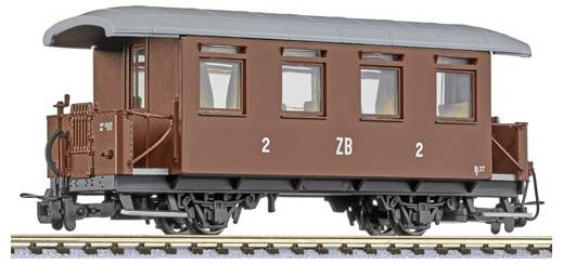 Modèle de voiture voyageurs ferroviaire vintage marron sur des rails, étiqueté « 2 ZB 2 » avec un toit gris et un châssis noir.