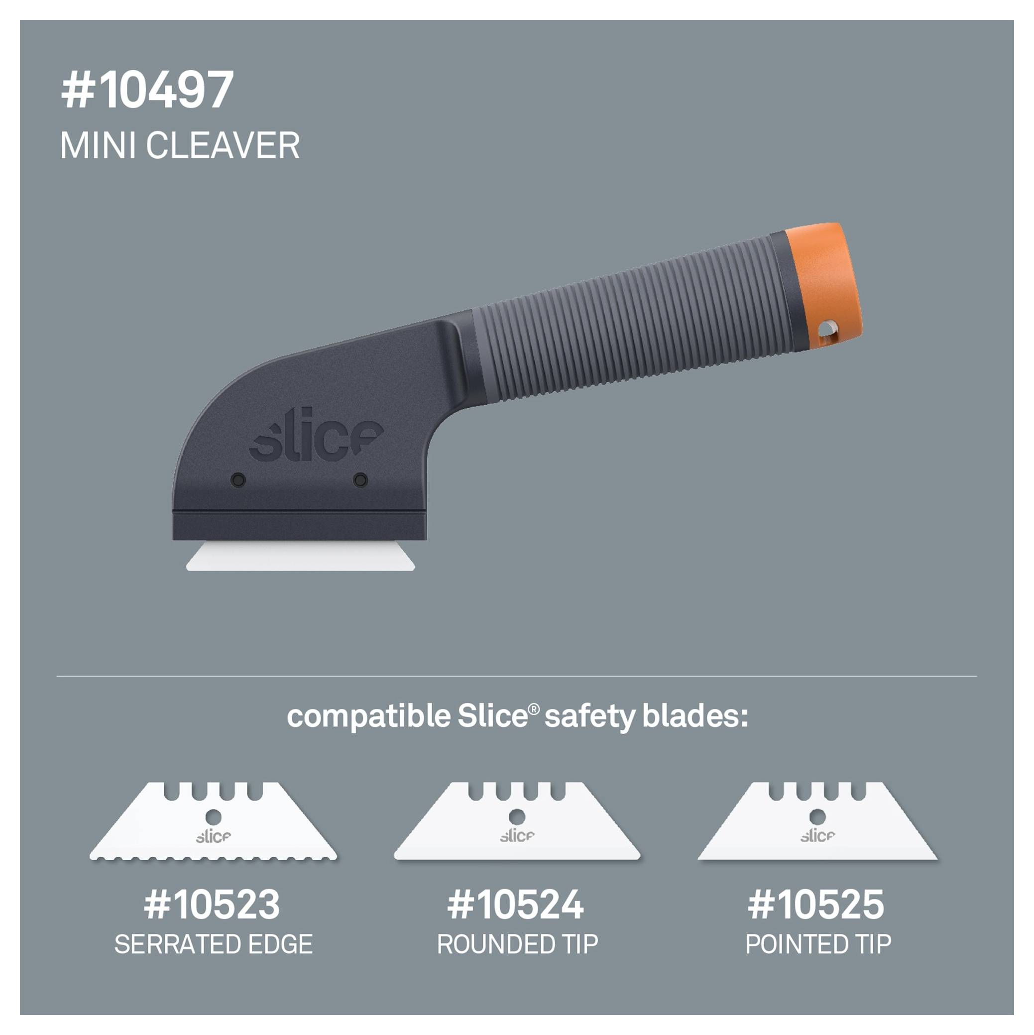 Product image of a mini cleaver labeled '#10497' with compatible Slice safety blades: '#10523 Serrated Edge', '#10524 Rounded Tip', and '#10525 Pointed Tip'.
