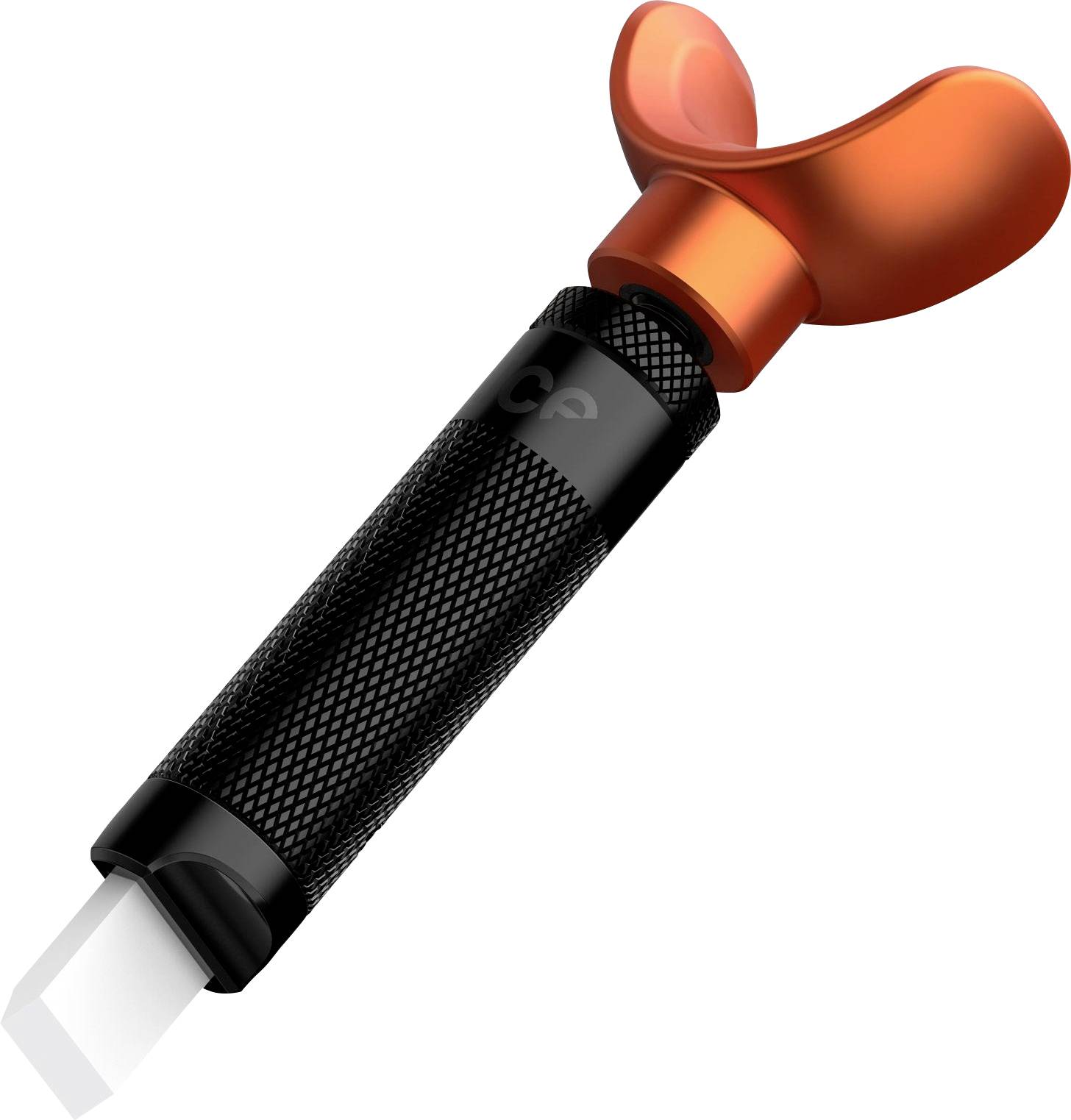 Une poignée noire texturée avec un bouchon à vis papillon orange et une petite lame blanche qui dépasse de l'extrémité.