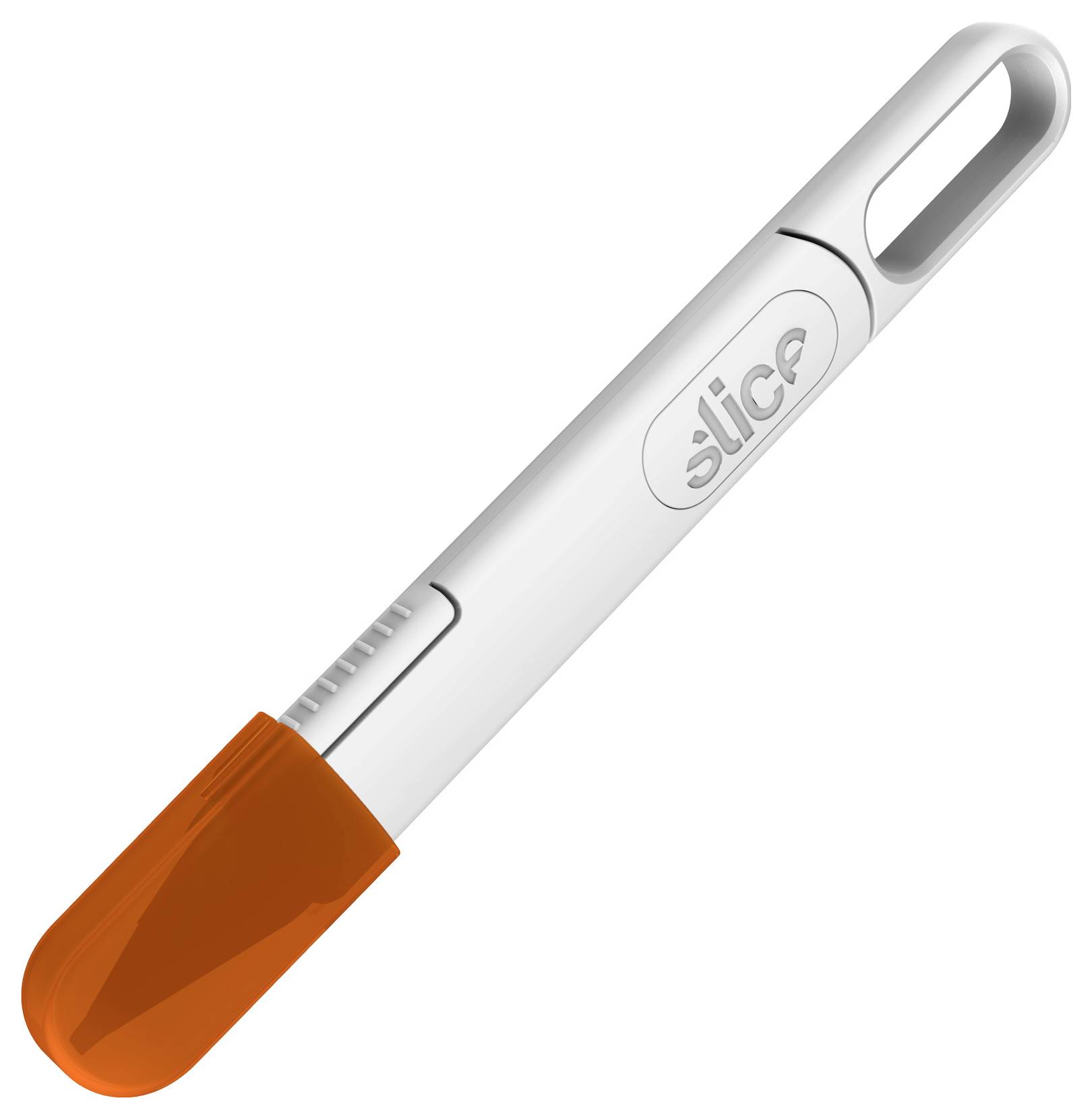 Weißer Küchenspäler mit einer orangefarbenen Schutzkappe und Aufhängeschleife, mit der Aufschrift „slice", vor einem neutralen Hintergrund abgebildet.