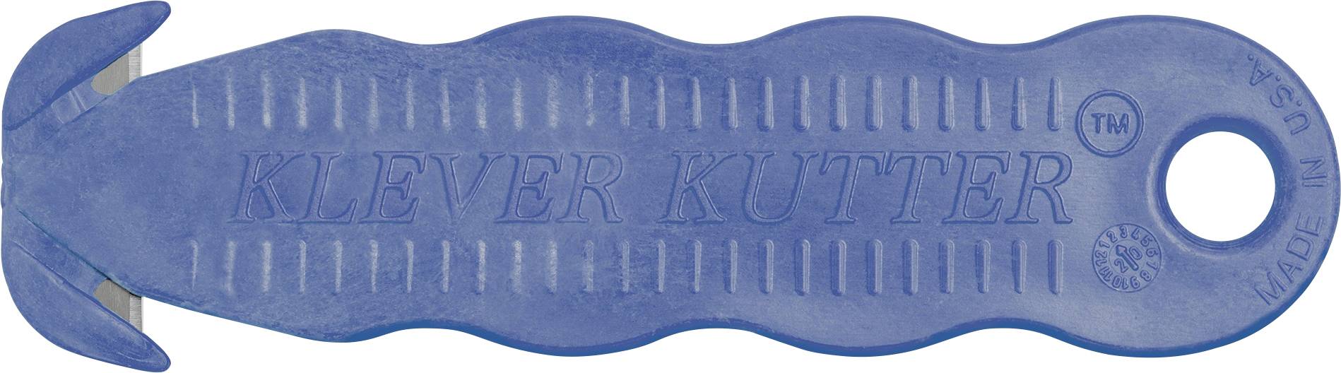 Couteau de sécurité Blue Klever Kutter avec poignée ergonomique, lame recourbée à l'extrémité gauche et trou de suspension à l'extrémité droite.
