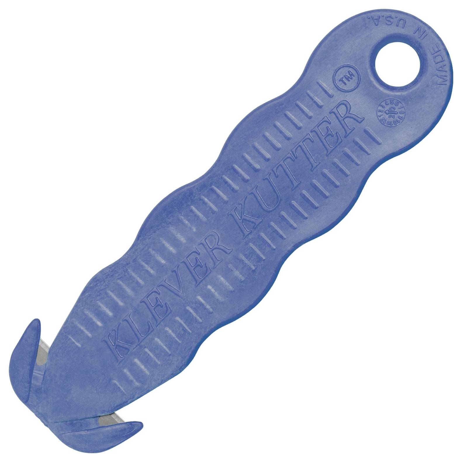 Blue KLEVER KUTTER safety cutter knife with a finger hole and concealed blade for opening boxes