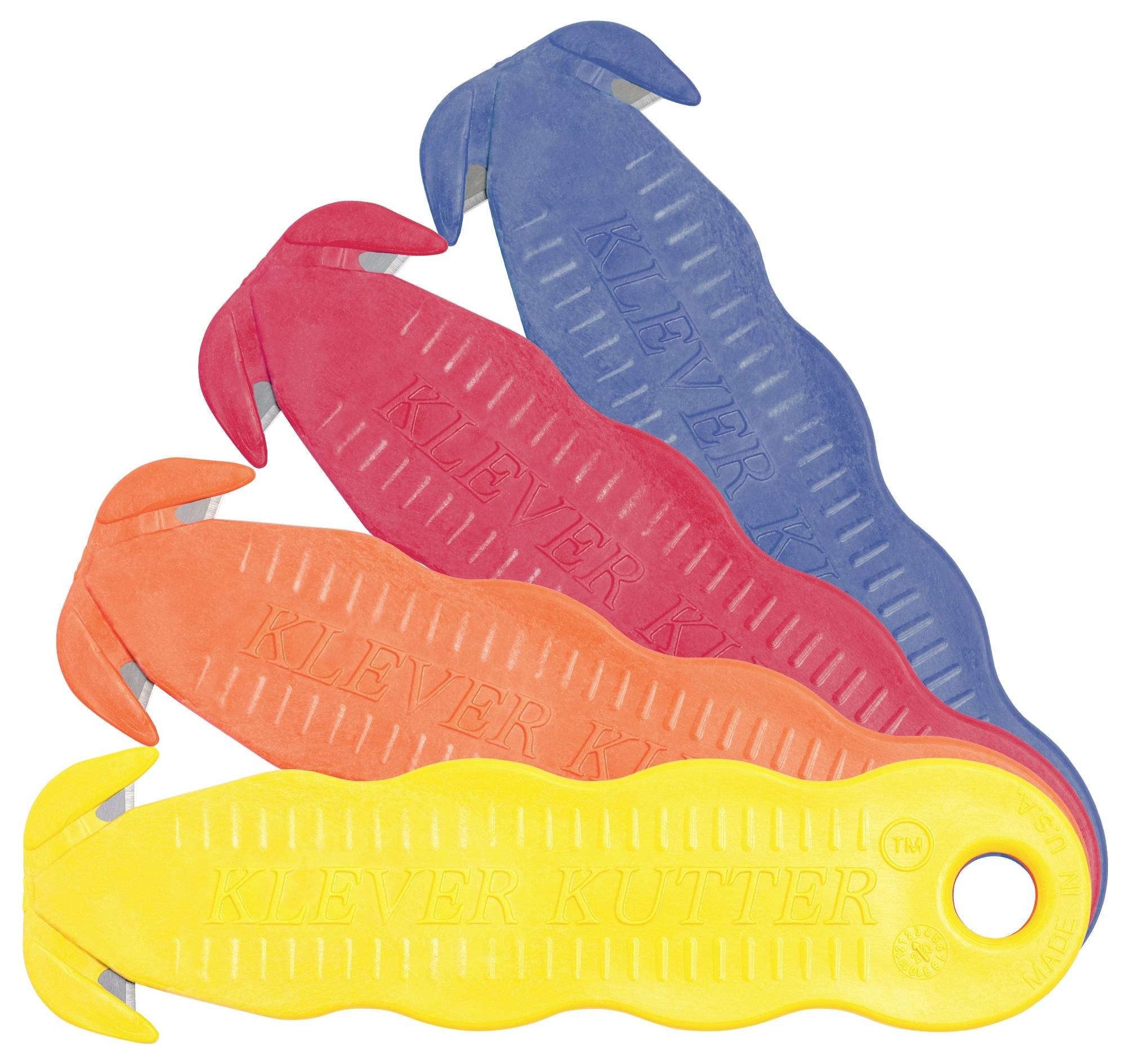 Four brightly colored plastic utility tools or wrenches stacked together: blue, red, orange, and yellow.