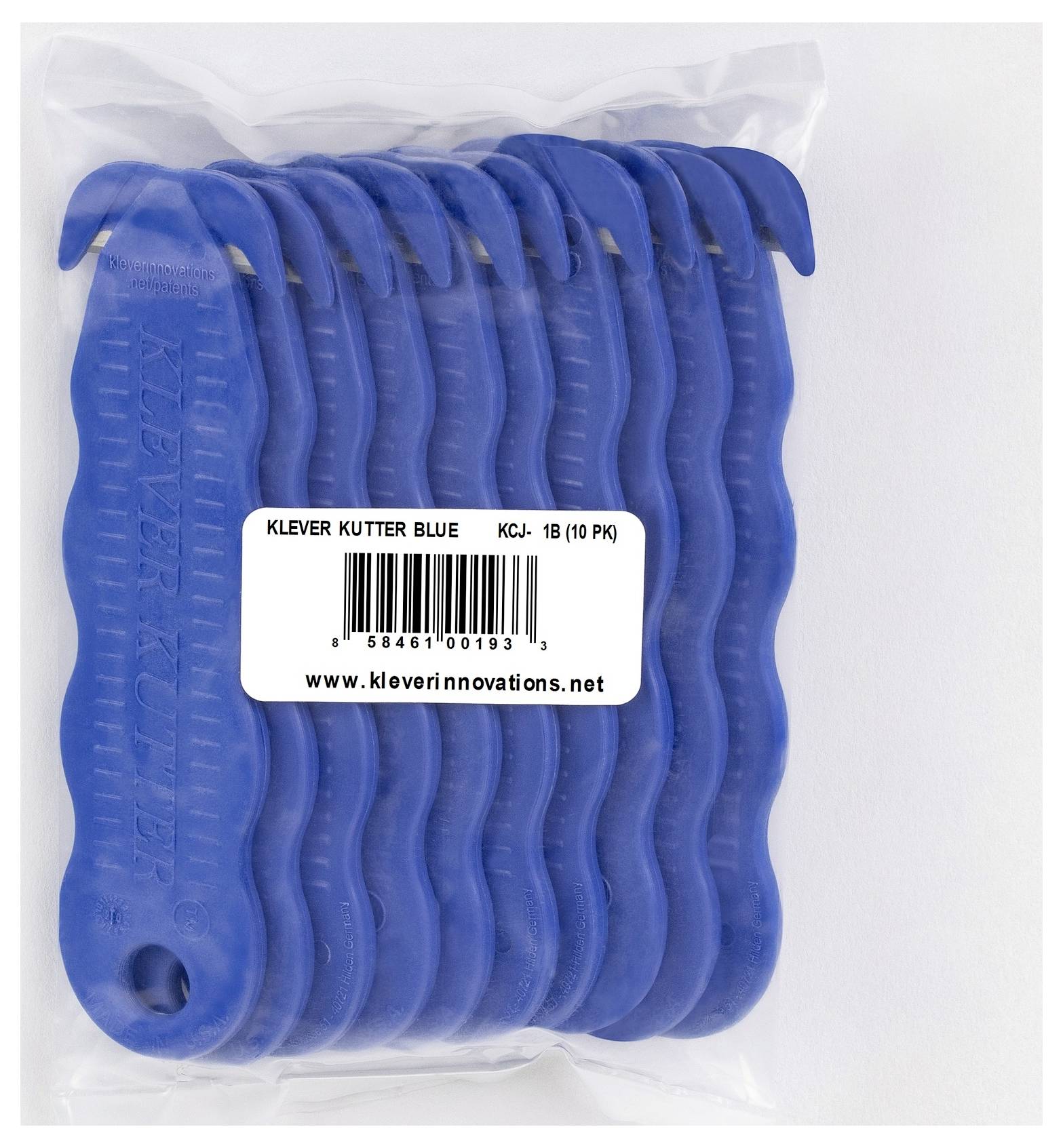 Package of blue Klever Kutter safety cutters, labeled 'KLEVER KUTTER BLUE KCJ-1B (10 PK)' with barcode and website.