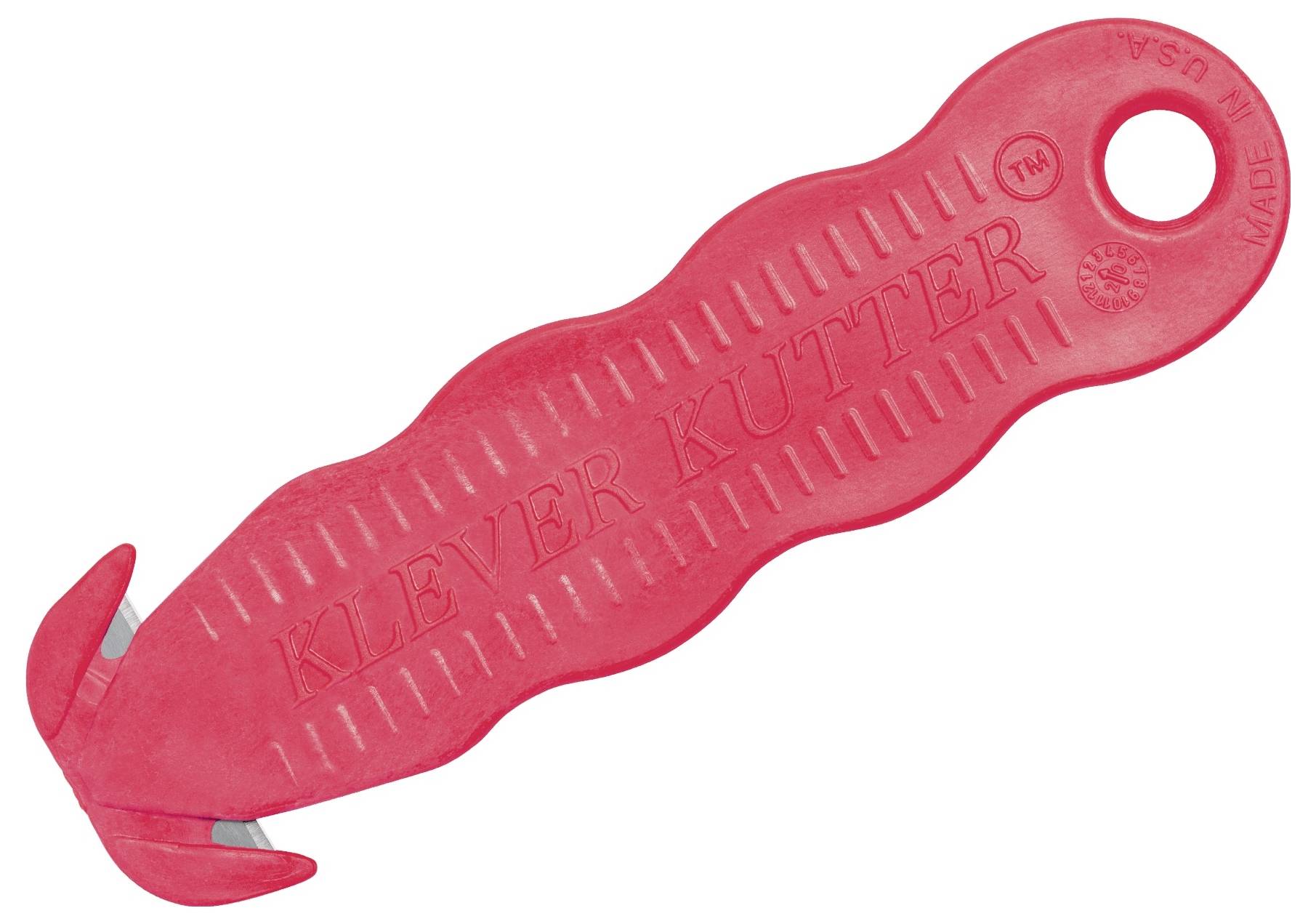 Red plastic Klever Kutter safety box cutter with a hooked blade and finger hole, shown on a white background.