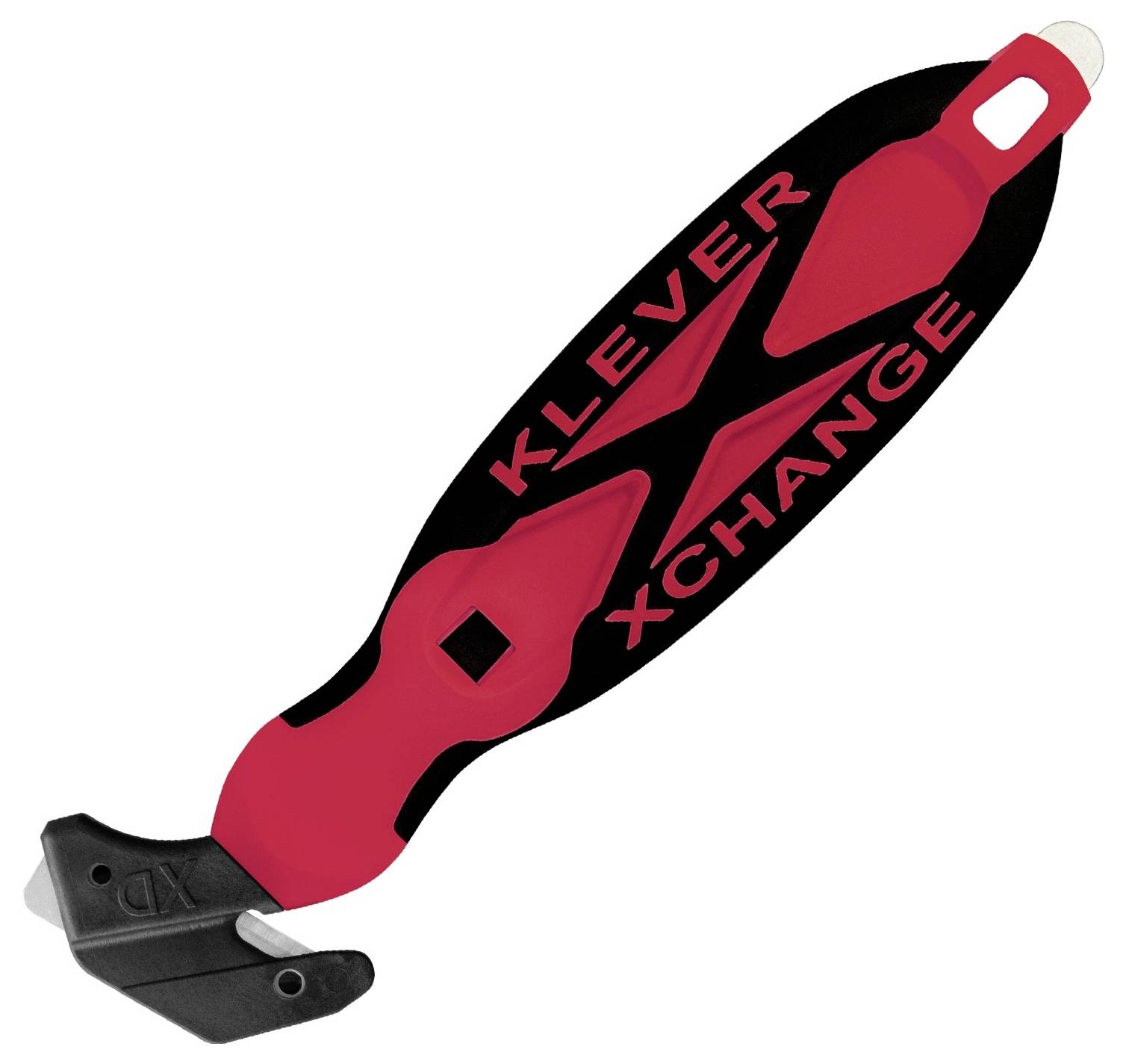 Red and black handheld tool labeled 'KLEVER XCHANGE' with a protective cutting blade at one end.