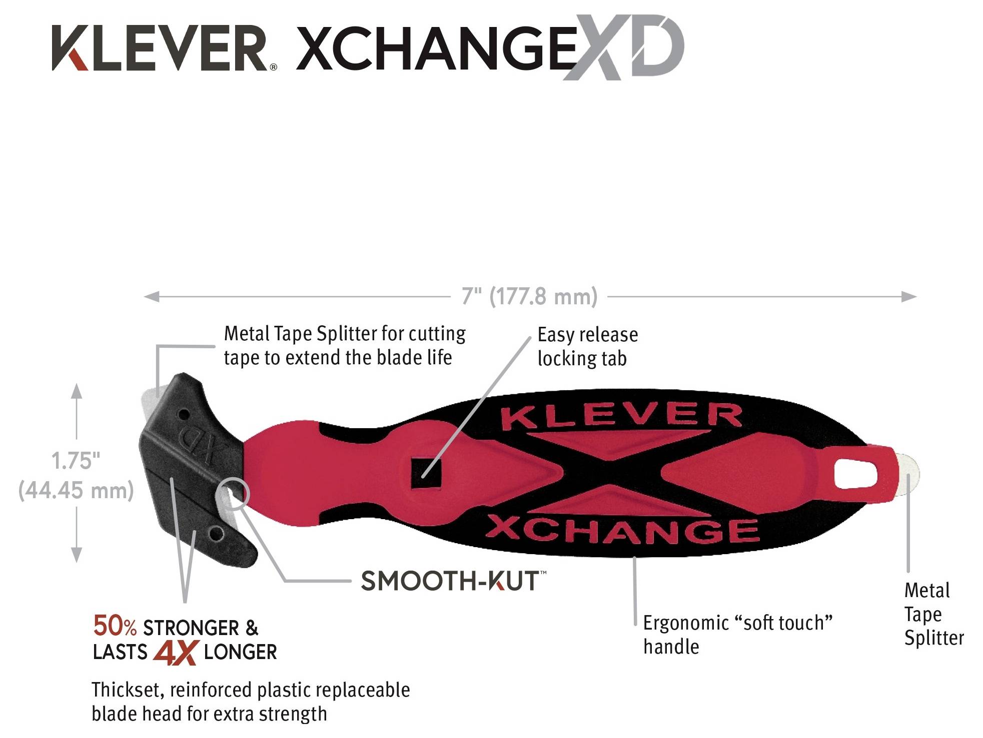 Product diagram of the KLEVER XCHANGE XD cutter, showing a 7-inch ergonomic 'soft touch' handle, easy-release locking tab, metal tape splitter, and replaceable thick-set blade head; 50% stronger and lasts 4x longer.