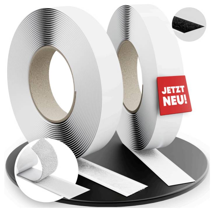 Two large rolls of white adhesive tape on a black base, one labeled 'JETZT NEU!', with close-ups showing the tape’s backing and adhesive layer.