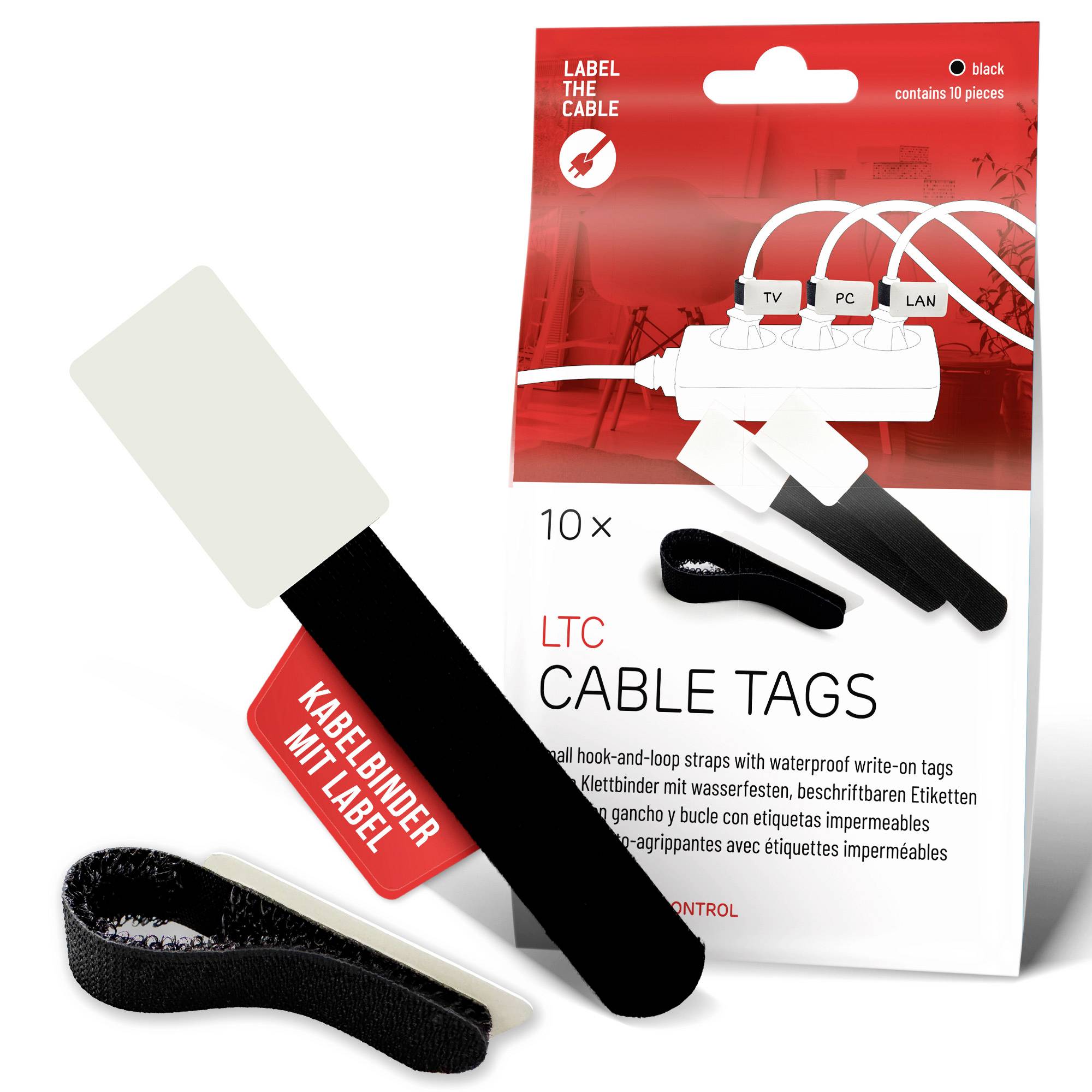 Paquet de 10 étiquettes de câble noires avec sangles auto-agrippantes et étiquettes inscriptibles, montré avec une étiquette dépliée et un exemple d'étiquette attachée.