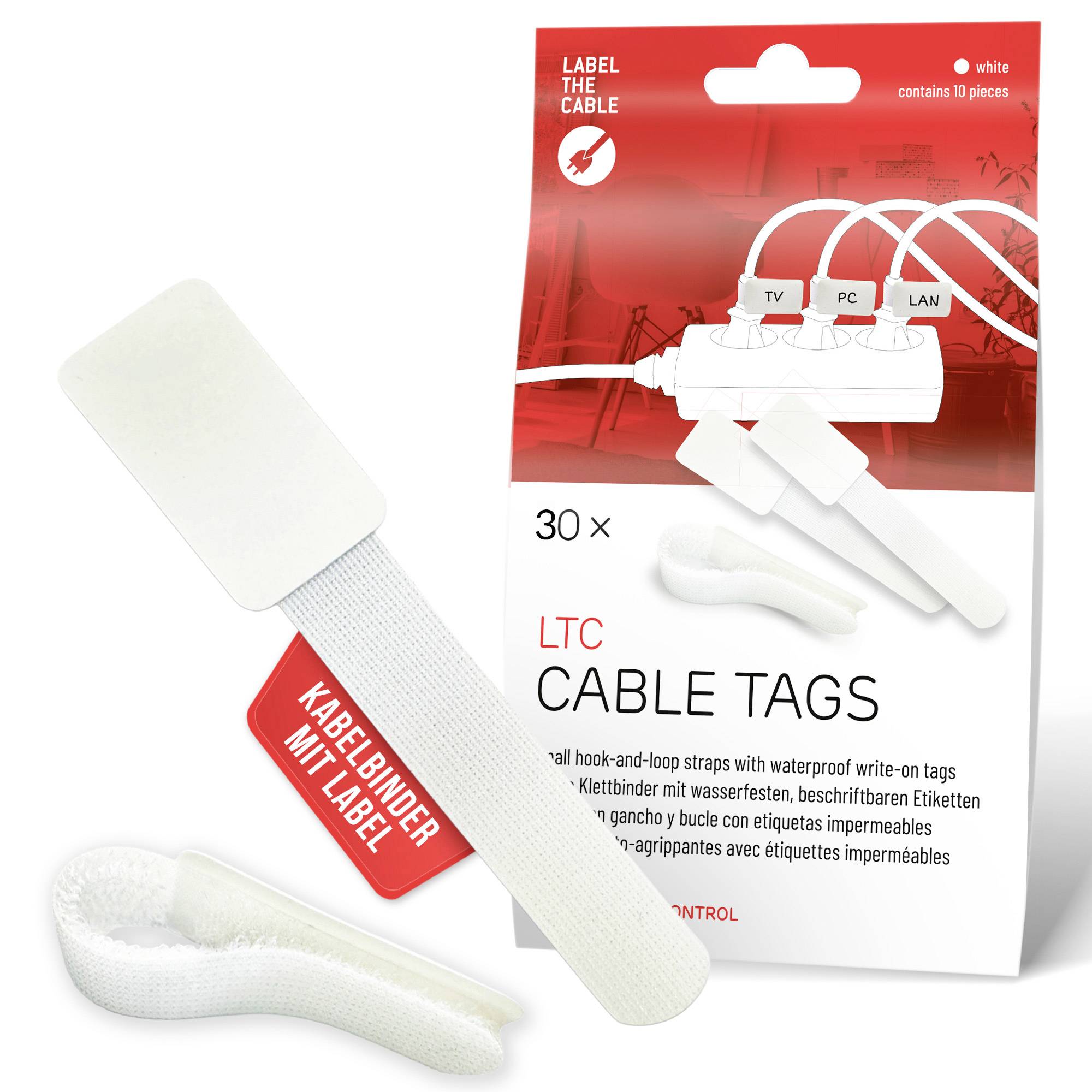 Paquet de 10 étiquettes de câbles LTC avec étiquettes blanches réutilisables et attaches; l'emballage montre des étiquettes utilisées pour identifier les câbles TV, PC et LAN.