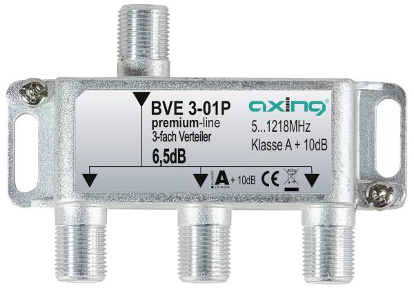 Diviseur de câble coaxial métallique étiqueté « BVE 3-01P » avec trois ports filetés et marqué 5-1218 MHz, 6,5 dB et « Classe A +10dB ».
